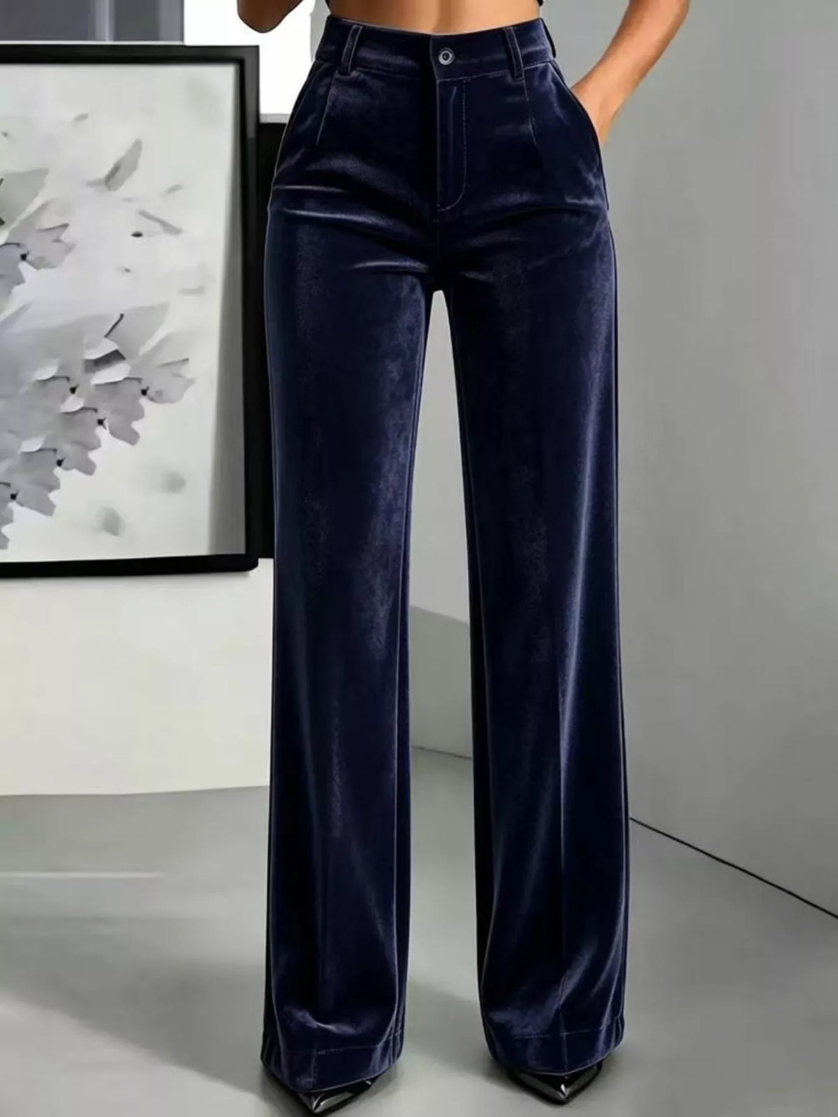 Full Size High-Waisted Velvet Pants Plus Size in Navy