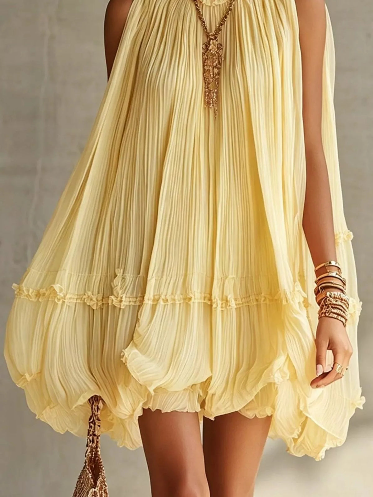 Pleated Mock Neck Sleeveless Mini Dress