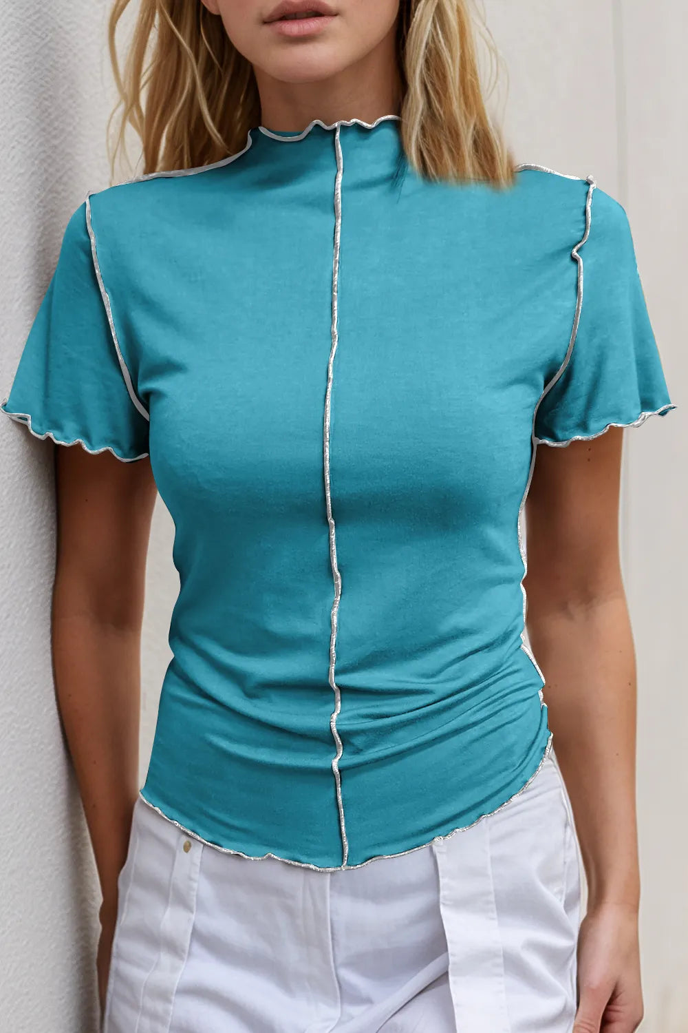 Basic Bae Mock Neck Wave Edge Contrast Stitching Ruffle Short Sleeve Slim Fit Casual Top - Lilixa.store