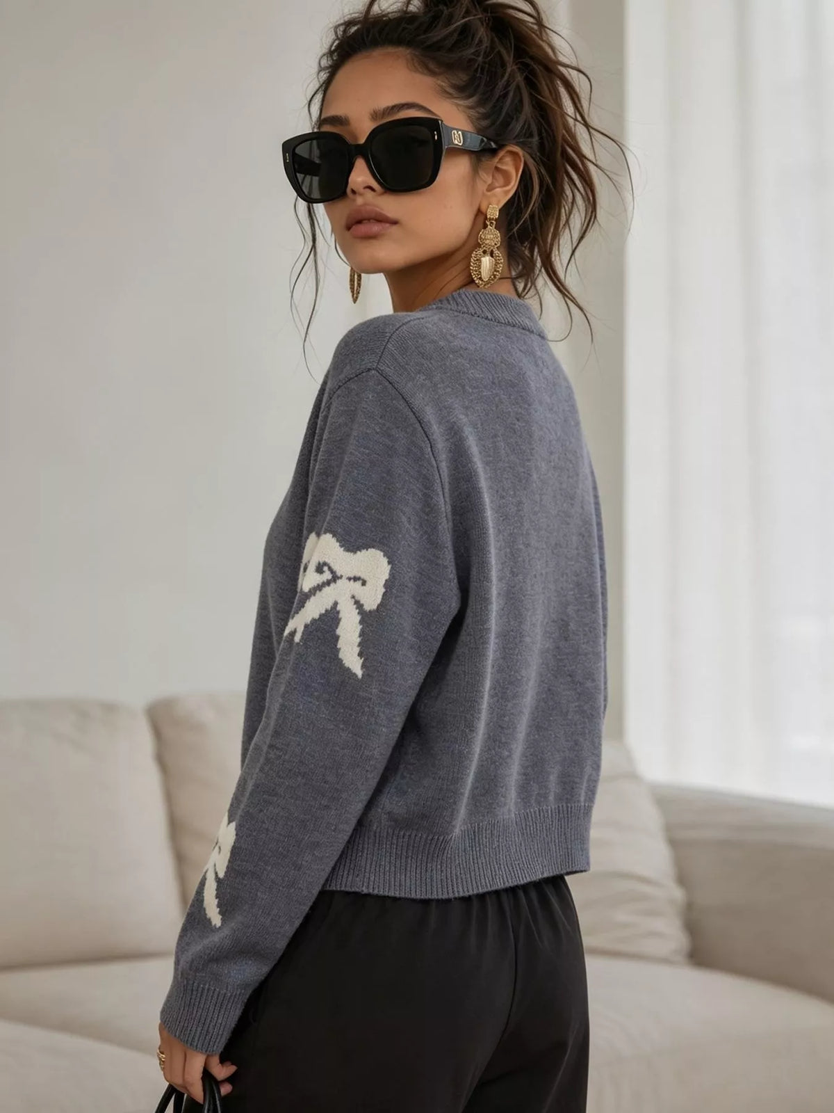 Floral Crew Neck Cropped Knit Cardigan, view 14