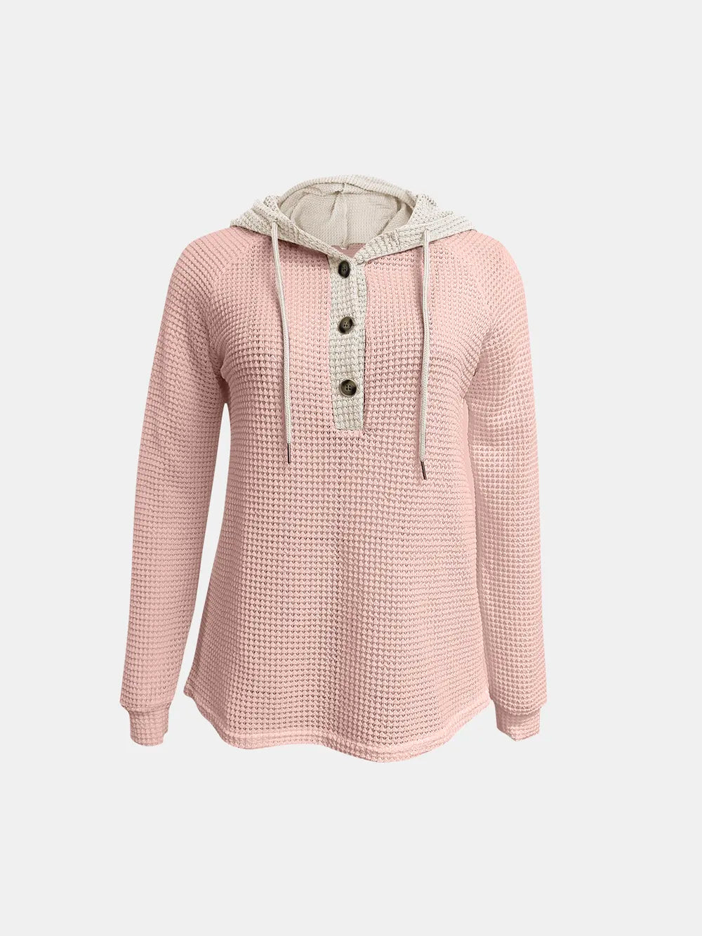 Full Size Waffle-Knit Contrast Long Sleeve Hoodie - Lilixa.store