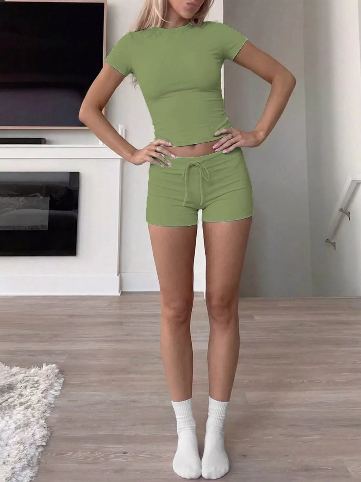 Mock Neck Crop Top and Drawstring Shorts Set - Lilixa.store