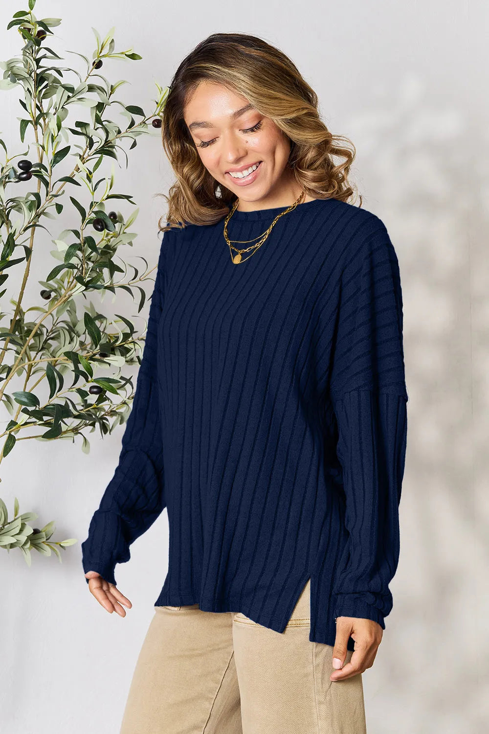 Basic Bae Full Size Ribbed Round Neck Slit Knit Top - Lilixa.store