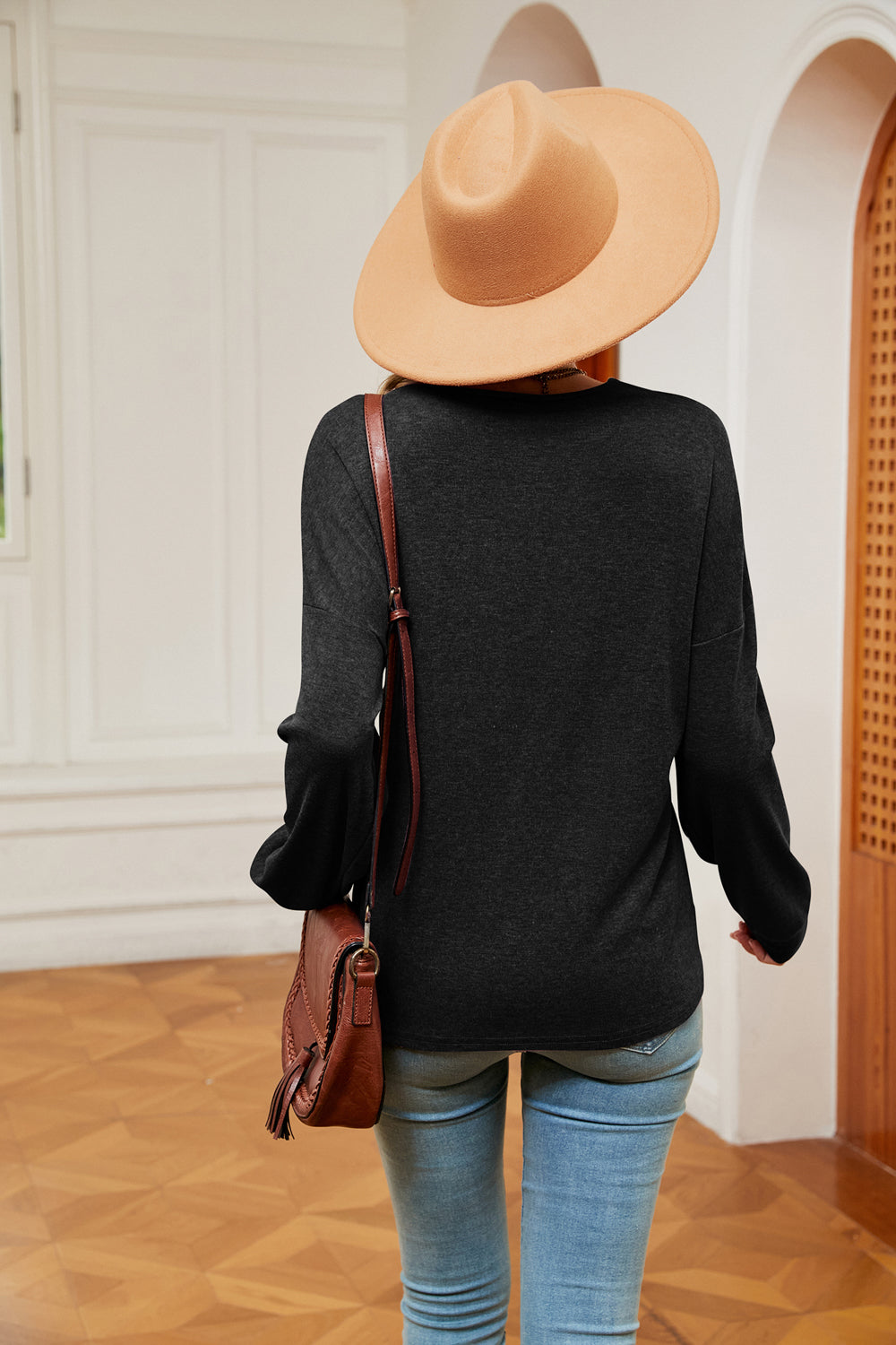 Contrast V-Neck Long Sleeve Blouse, view 4