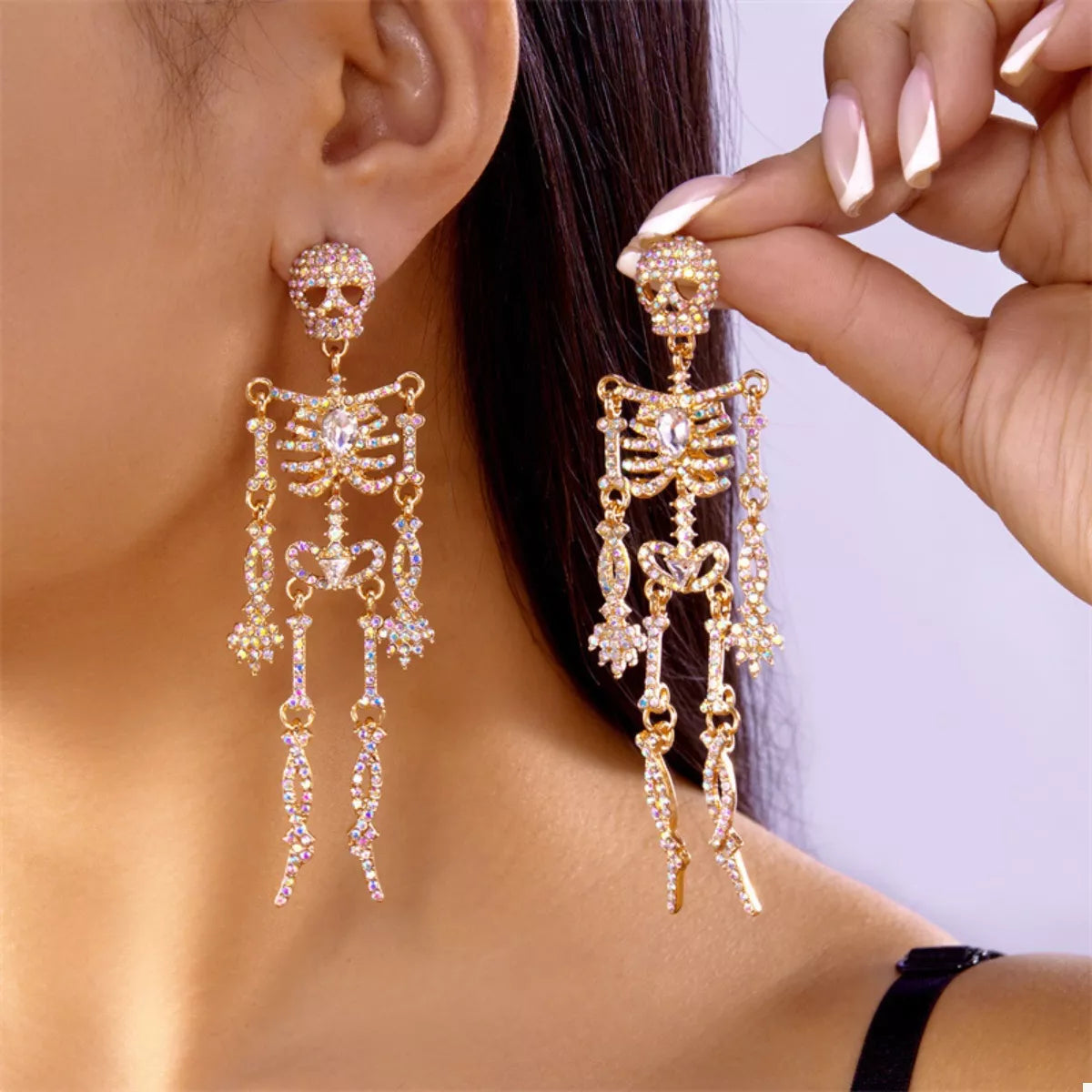 Halloween Skeleton Skull Zircon Drop Earrings in Gold