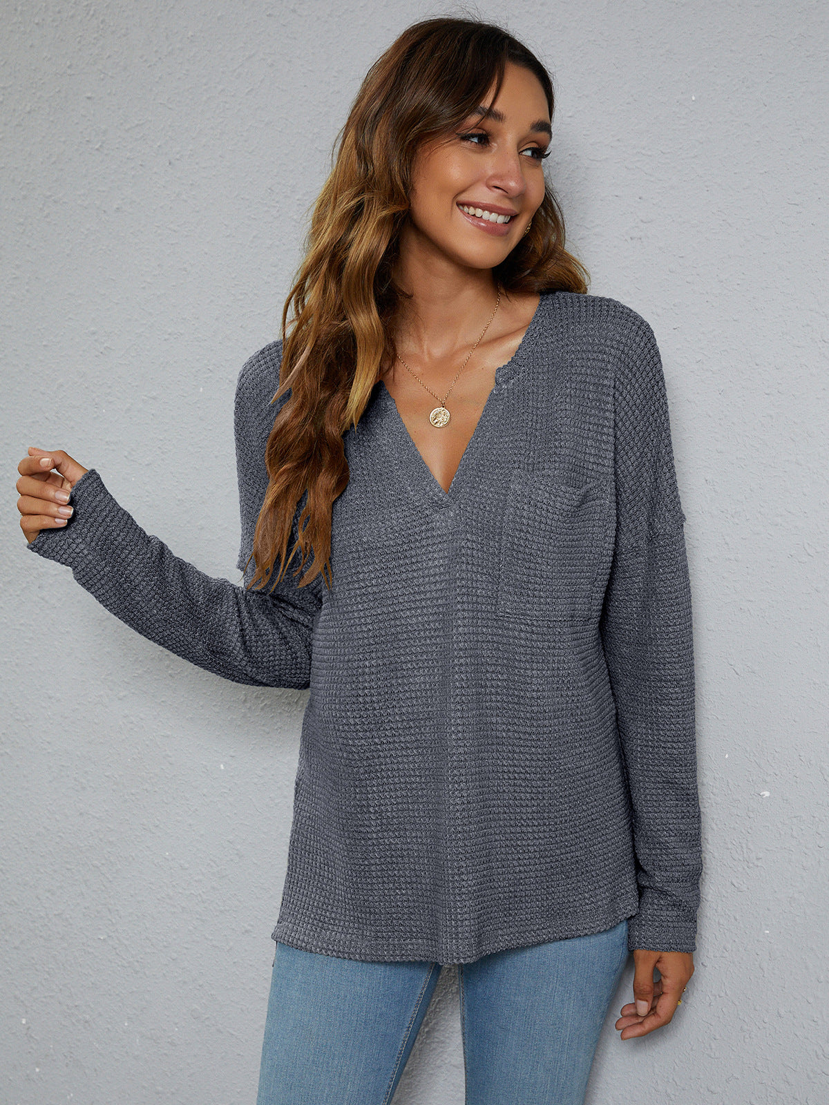 Dropped Shoulder High-Low Waffle-Knit Top, view 2