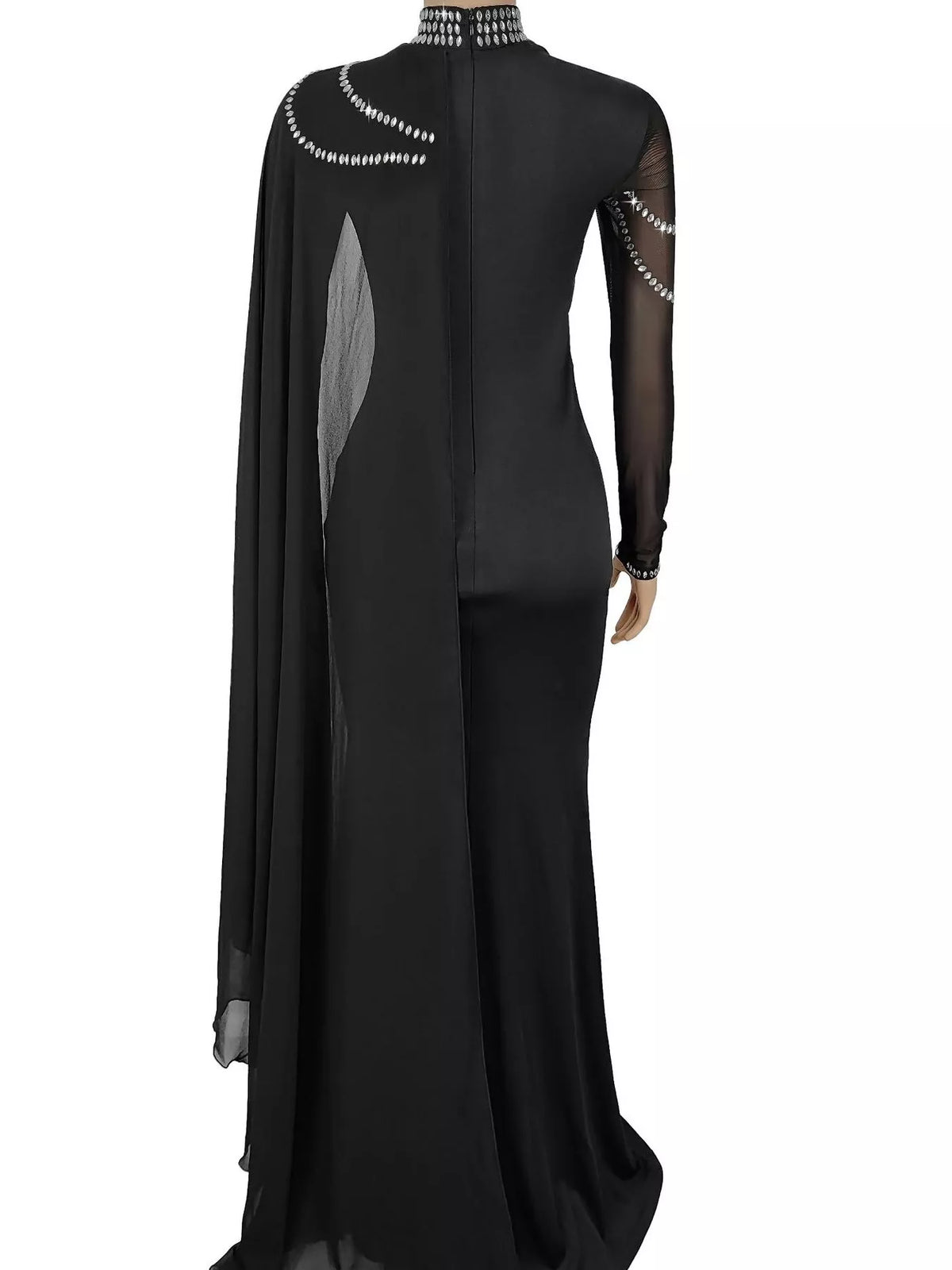 Rhinestone Slit Maxi Dress with Sheer Cape Sleeves - Lilixa.store