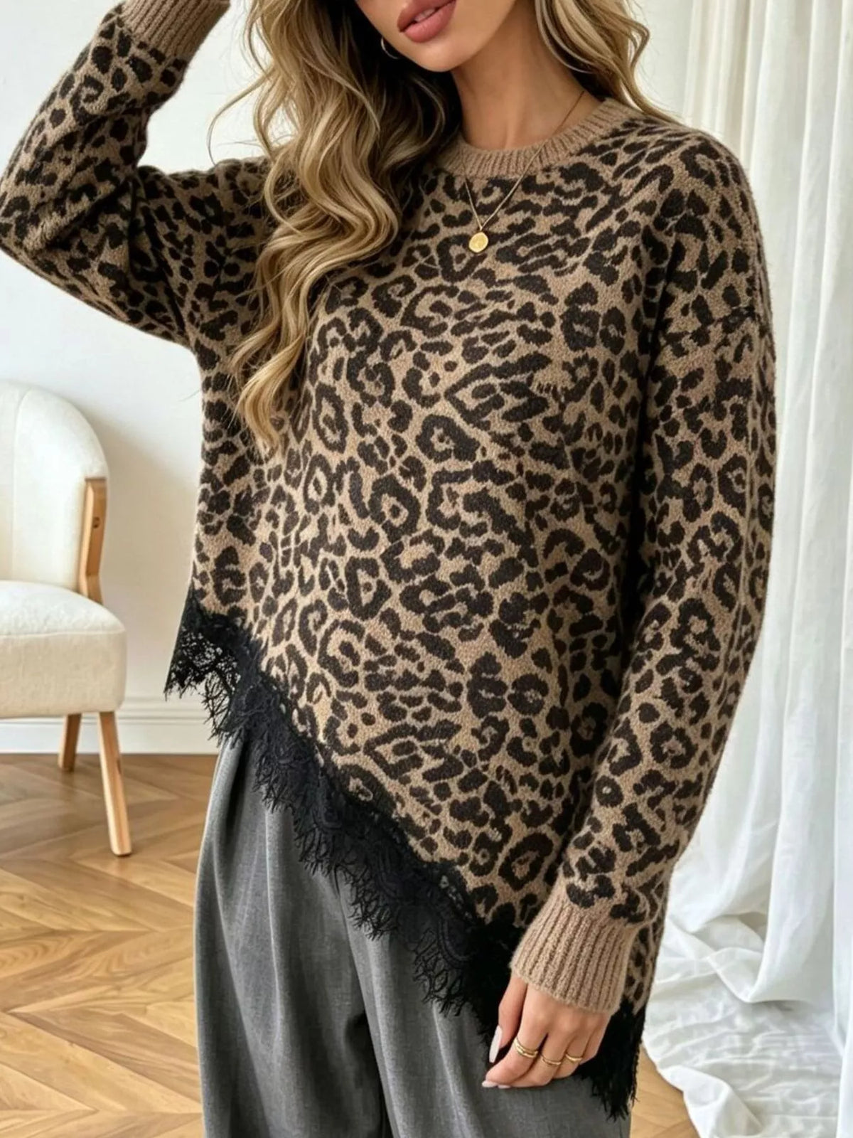 Round Neck Sweater with Asymmetric Lace Hem, view 7