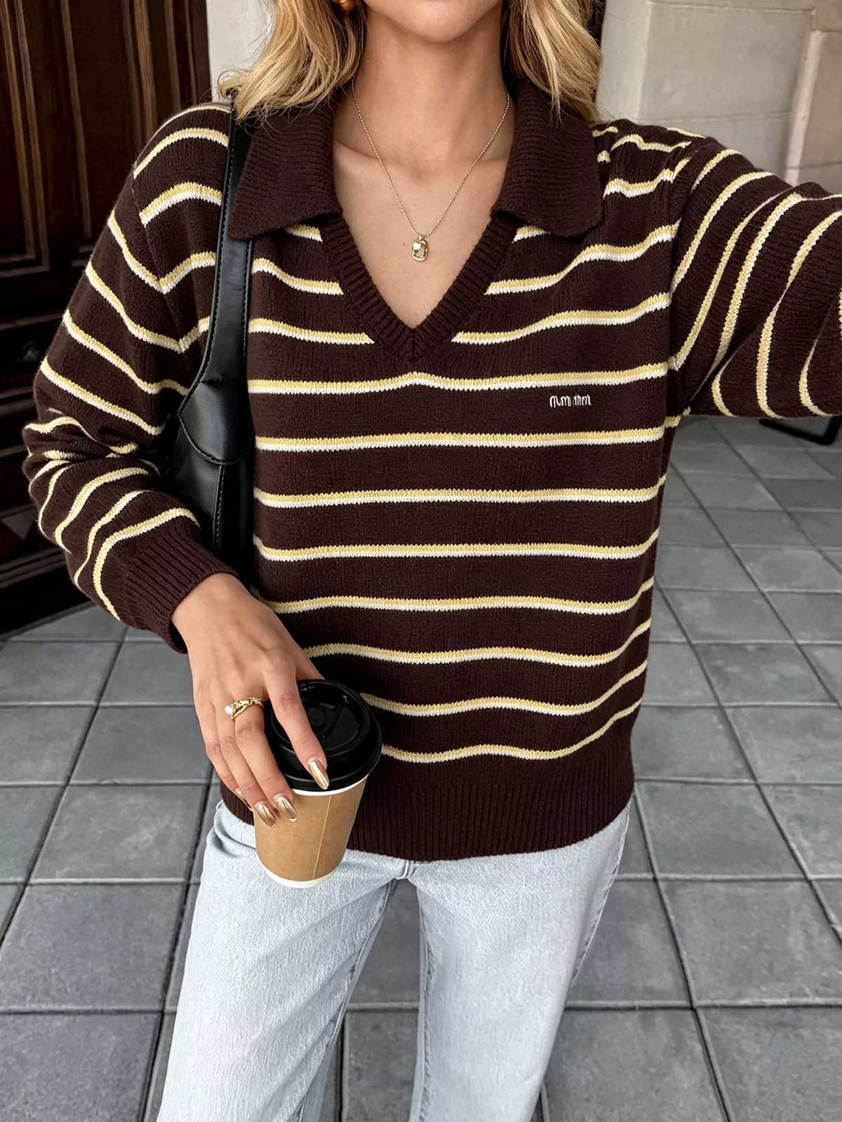 Vintage Striped Polo Collar Sweater in Brown, view 5
