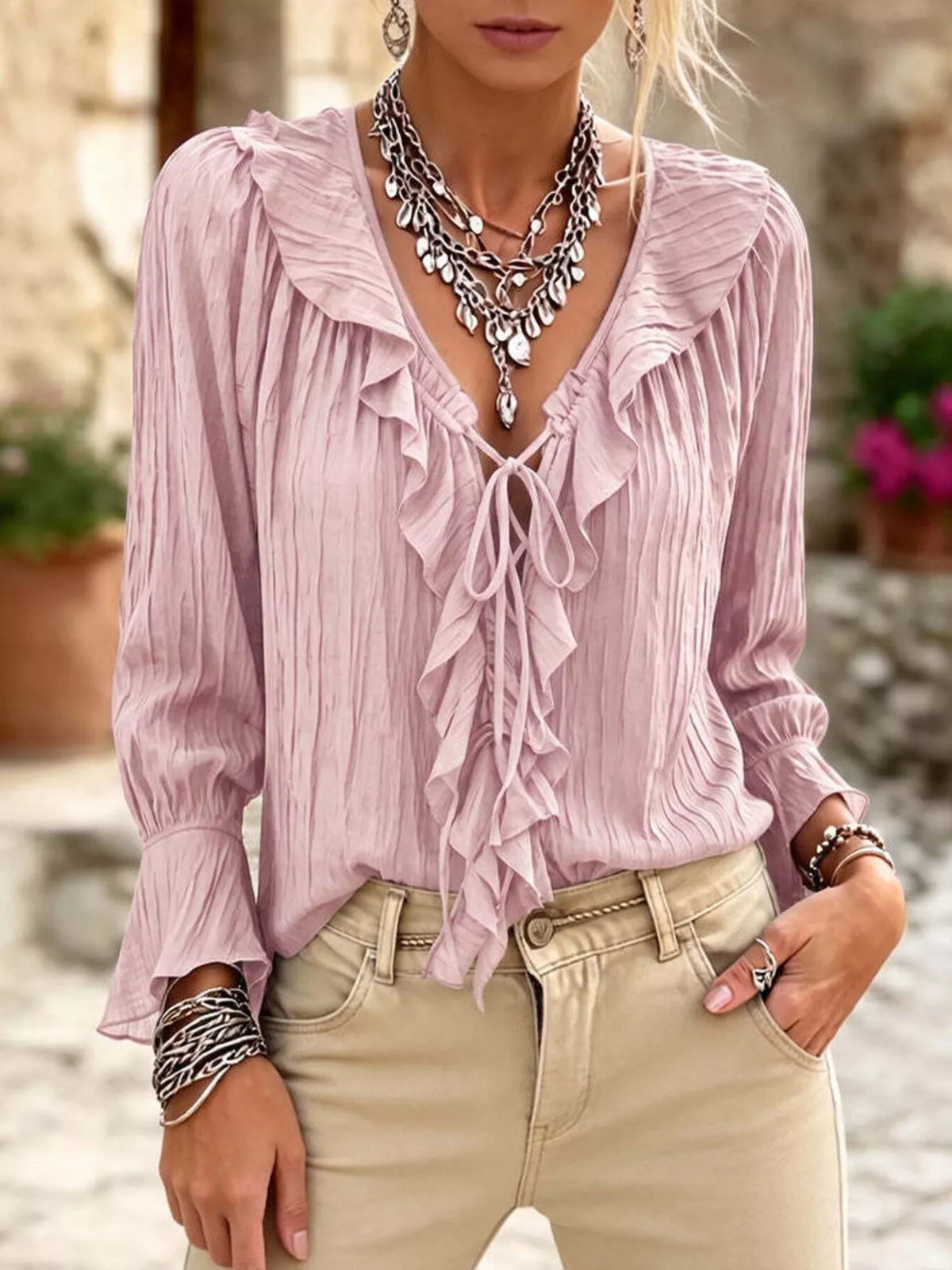 Full Size Ruffled Tie Neck Long Sleeve Blouse Plus Size