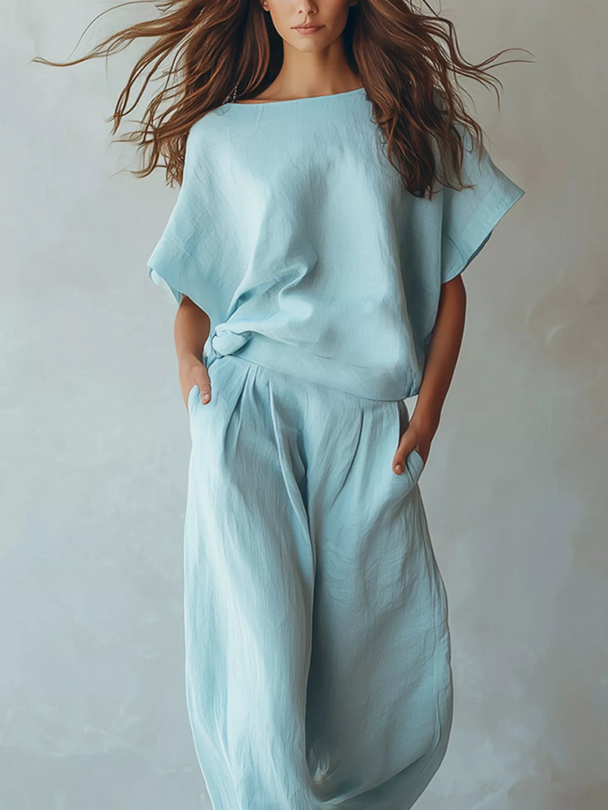 Full Size Solid Color Top and Wide-Leg Pants Set Plus Size