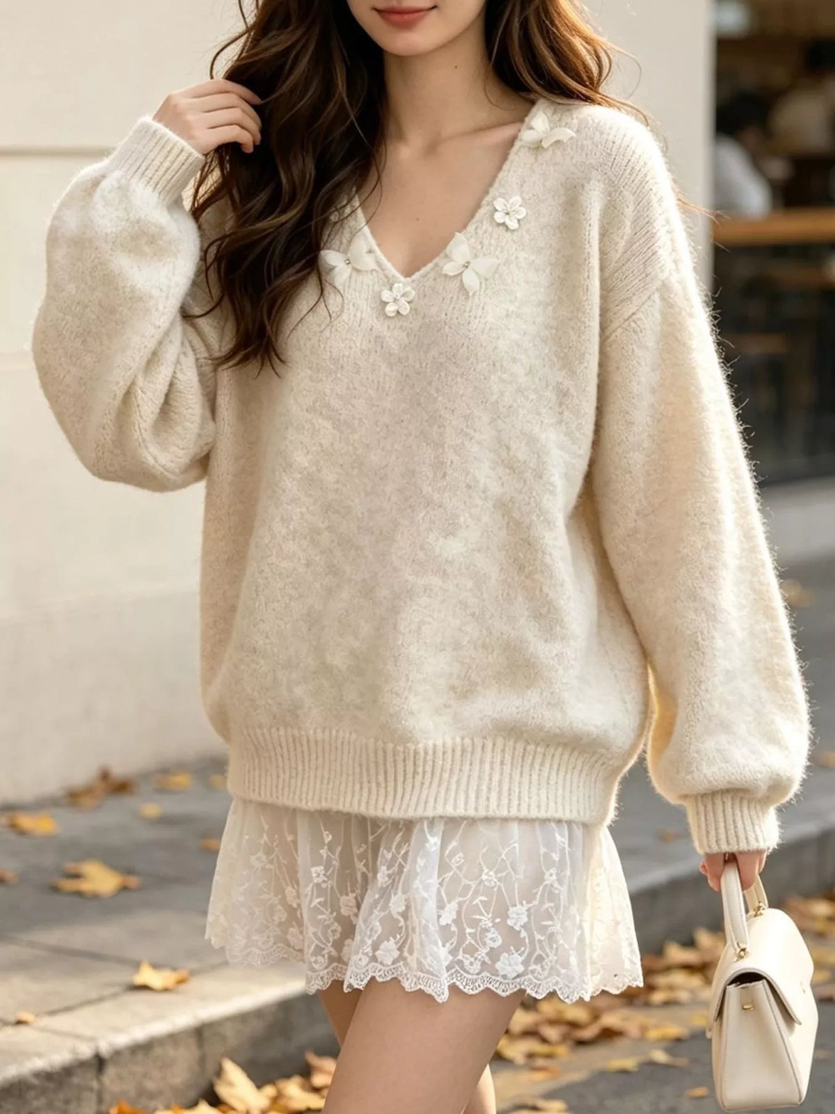 V-Neck Floral Applique Lace Hem Sweater, view 6