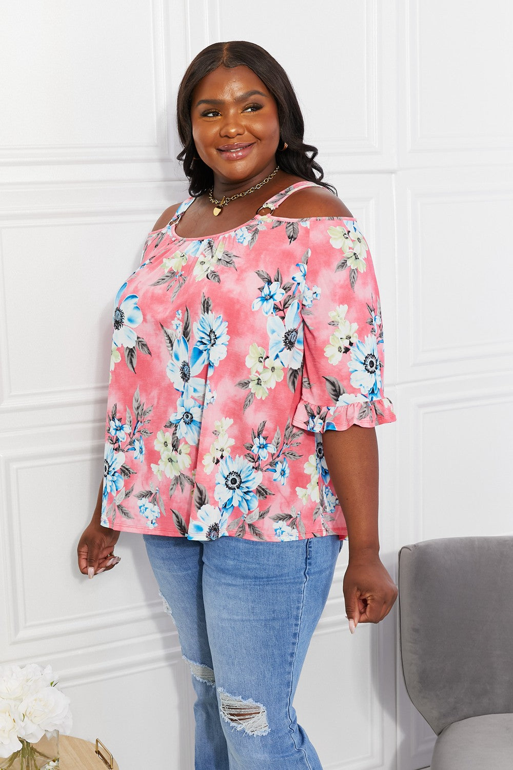 Sew In Love Full Size Fresh Take Floral Cold-Shoulder Top in Hot Pink, view 3