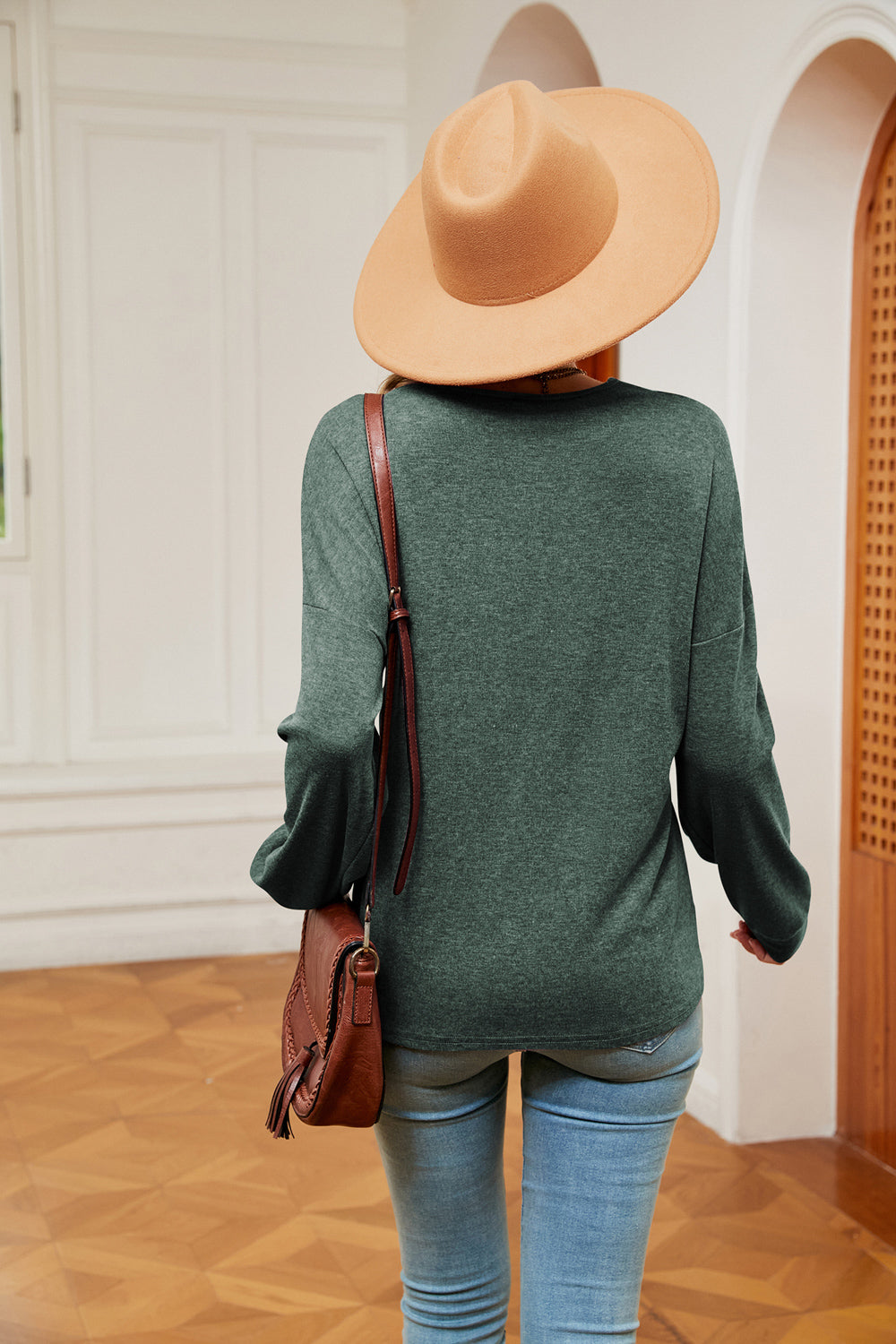 Contrast V-Neck Long Sleeve Blouse, view 6