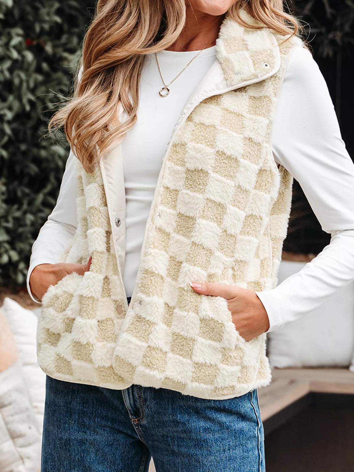 Sherpa Checkerboard Snap Button Vest Coat with Pocket - Lilixa.store