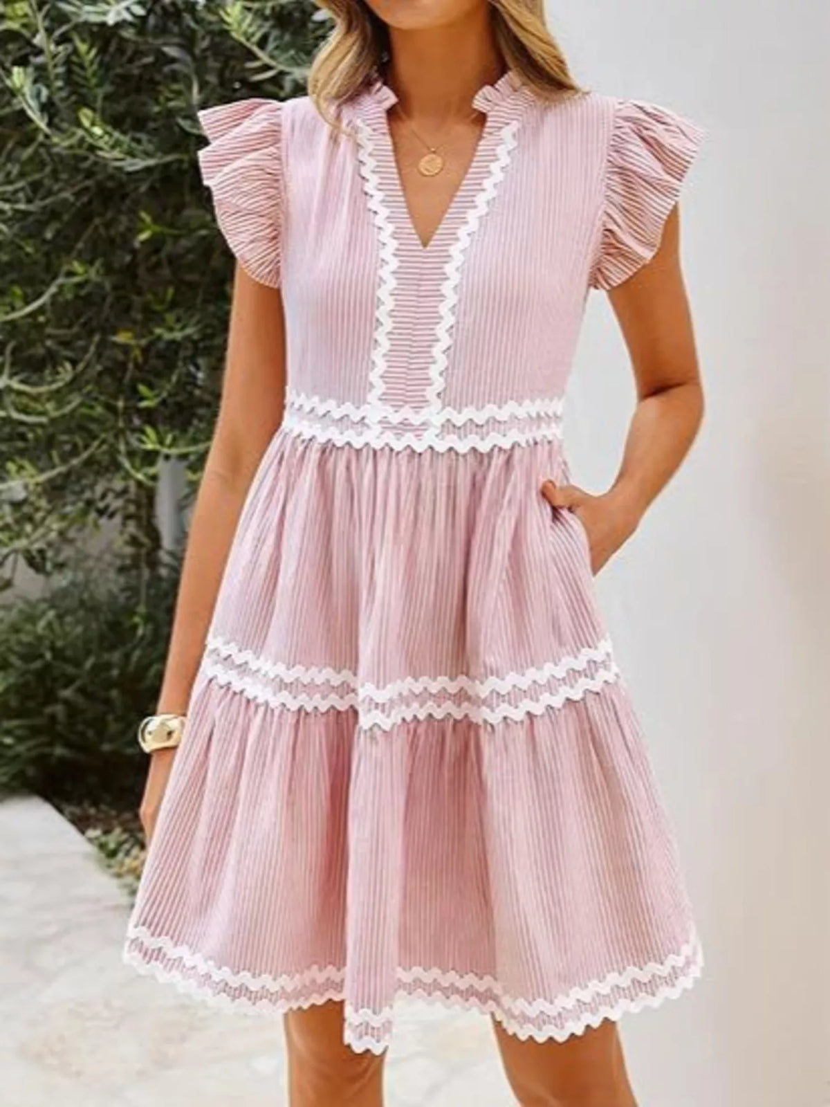 Striped Ruffle Sleeve Tiered Dress in Blush Pink