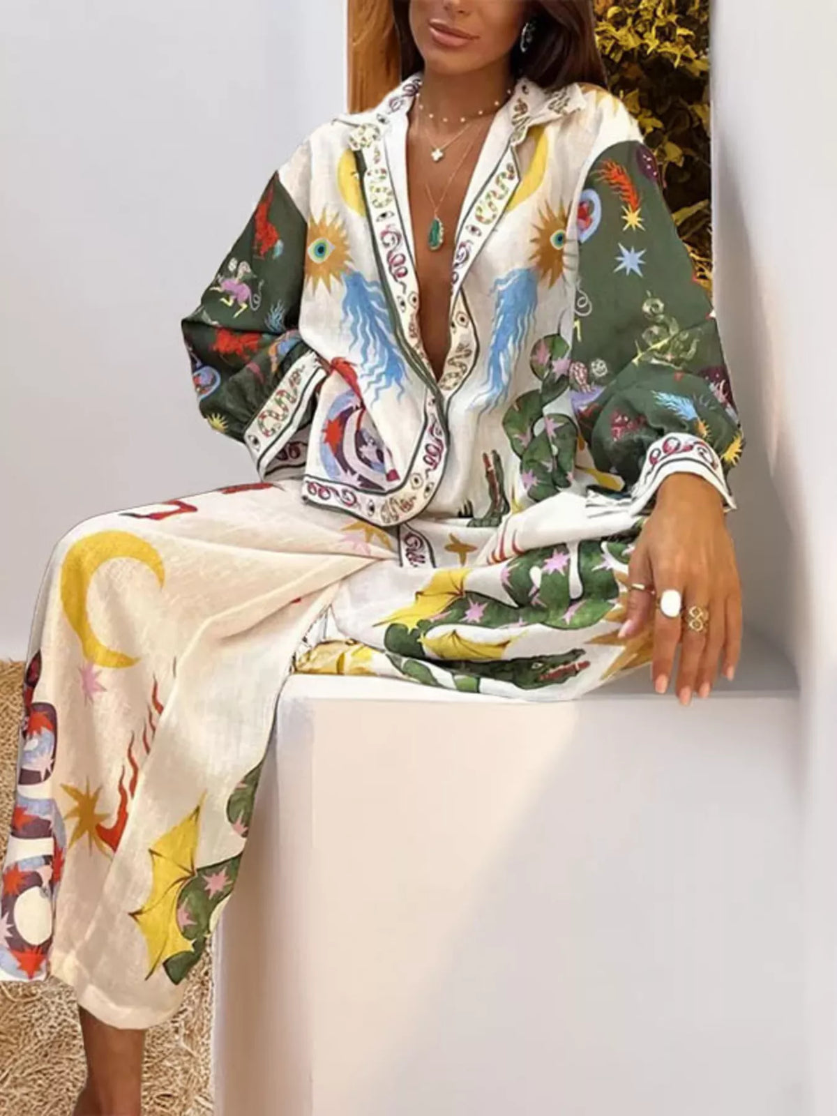 Full Size Printed Long Sleeve Shirt and Wide Leg Pants Set Plus Size in Multicolor, view 2