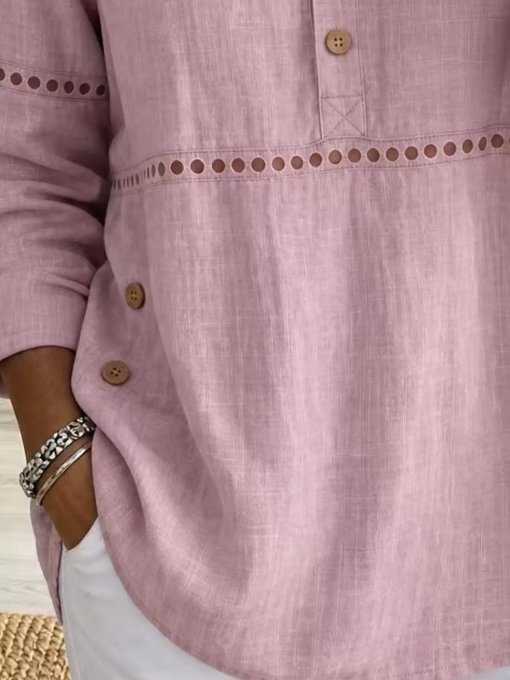 Full Size Button Detail Eyelet Long Sleeve Blouse Plus Size - Lilixa.store