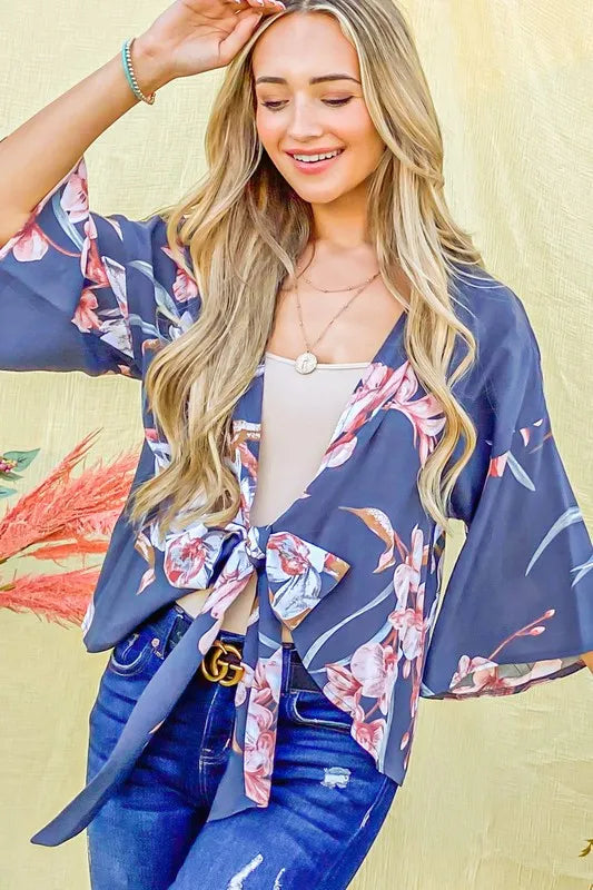 And The Why Front Tie Knot Floral Print Top - Lilixa.store