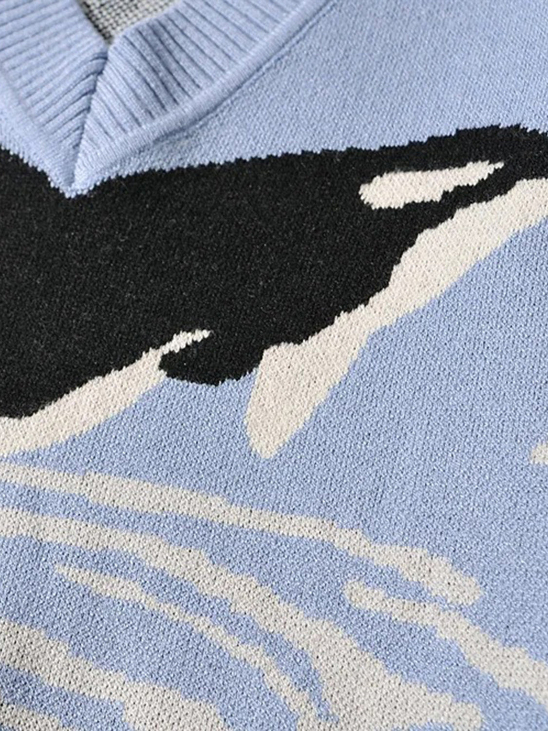 Printed V-Neck Long Sleeve Sweater in Misty Blue, view 3