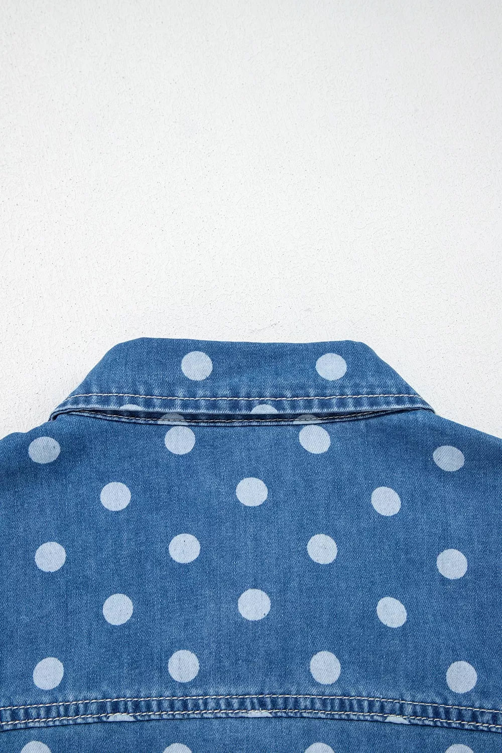 Polka Dot Long Sleeve Collar Shift Tunic Denim Jacket in Dusty Blue, view 7