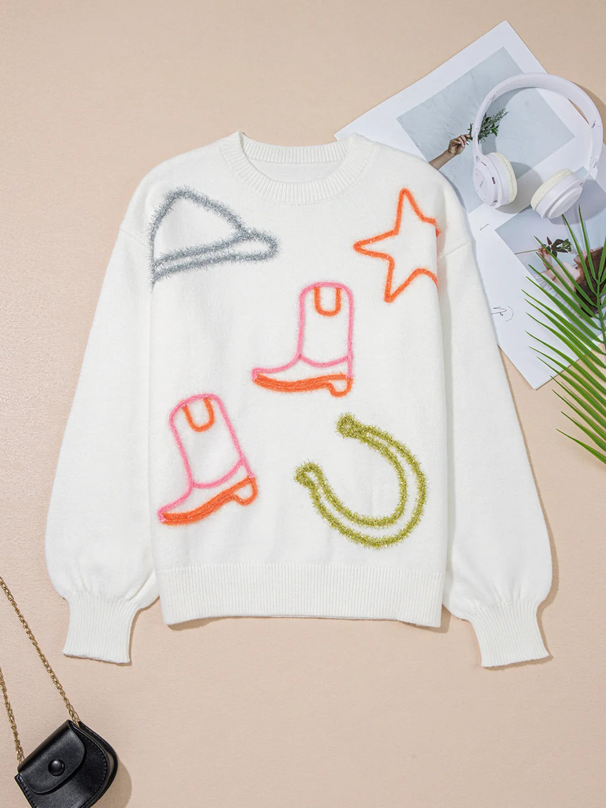 Western Boots Horseshoe Star Knit Crew Neck Sweater