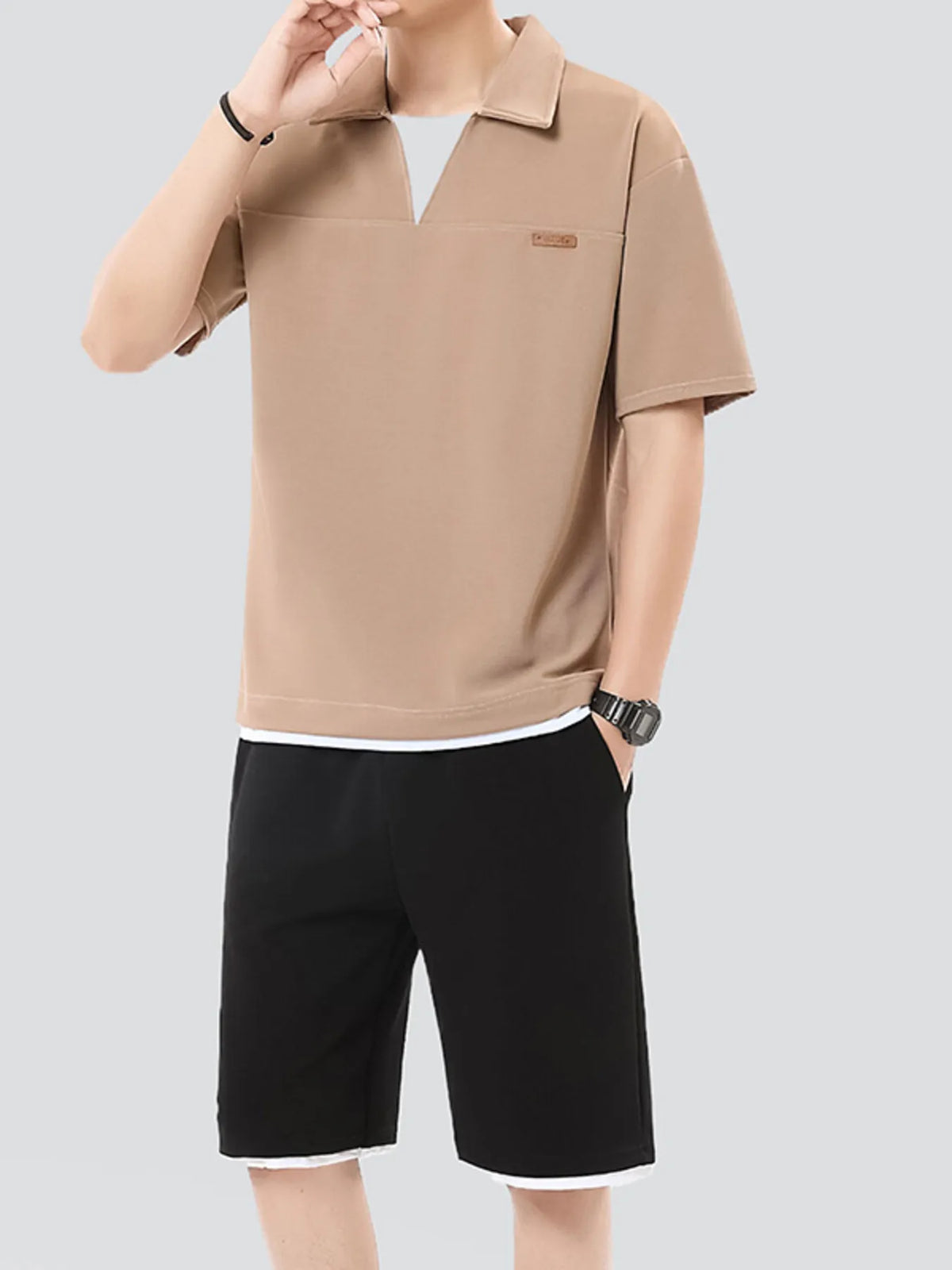 Men's Plus Size Johnny Collar Top and Shorts Set in Khaki