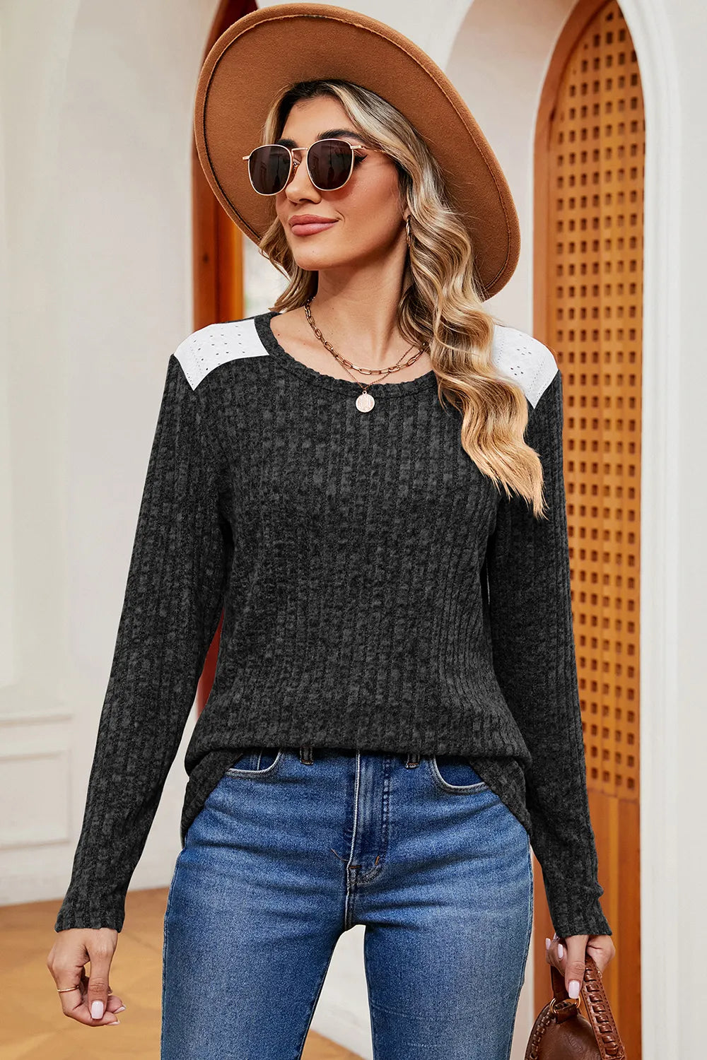 Eyelet Ribbed Round Neck Long Sleeve T-Shirt - Lilixa.store