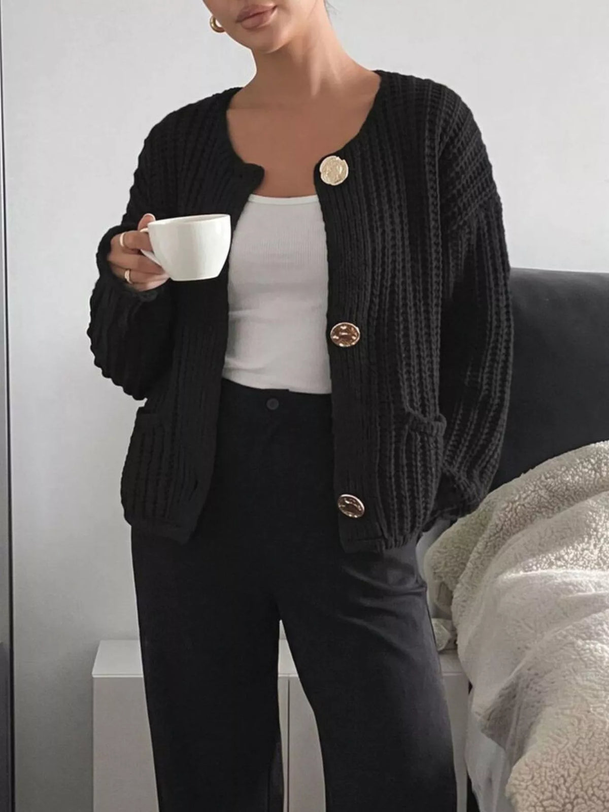 Ribbed Knit Cardigan with Gold-Tone Buttons in Black