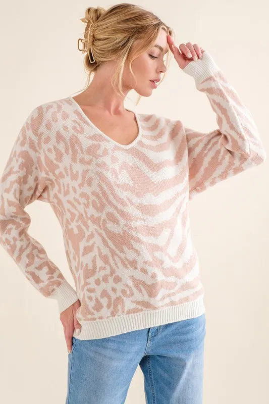And The Why Leopard Zebra Combo Casual Sweater Top in Pale Pink, view 4