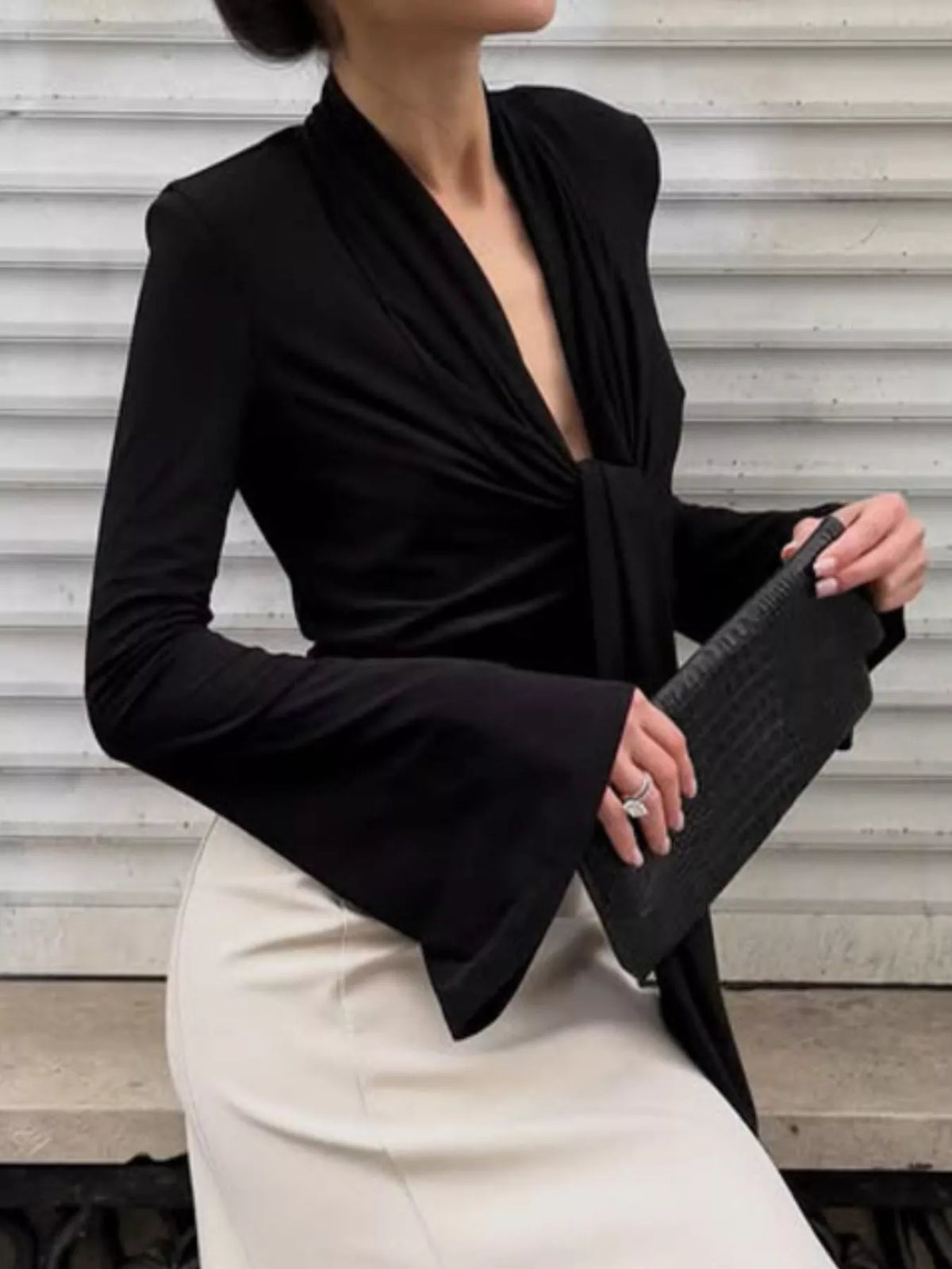 Front Tie Detail Flare Sleeve Blouse in Black