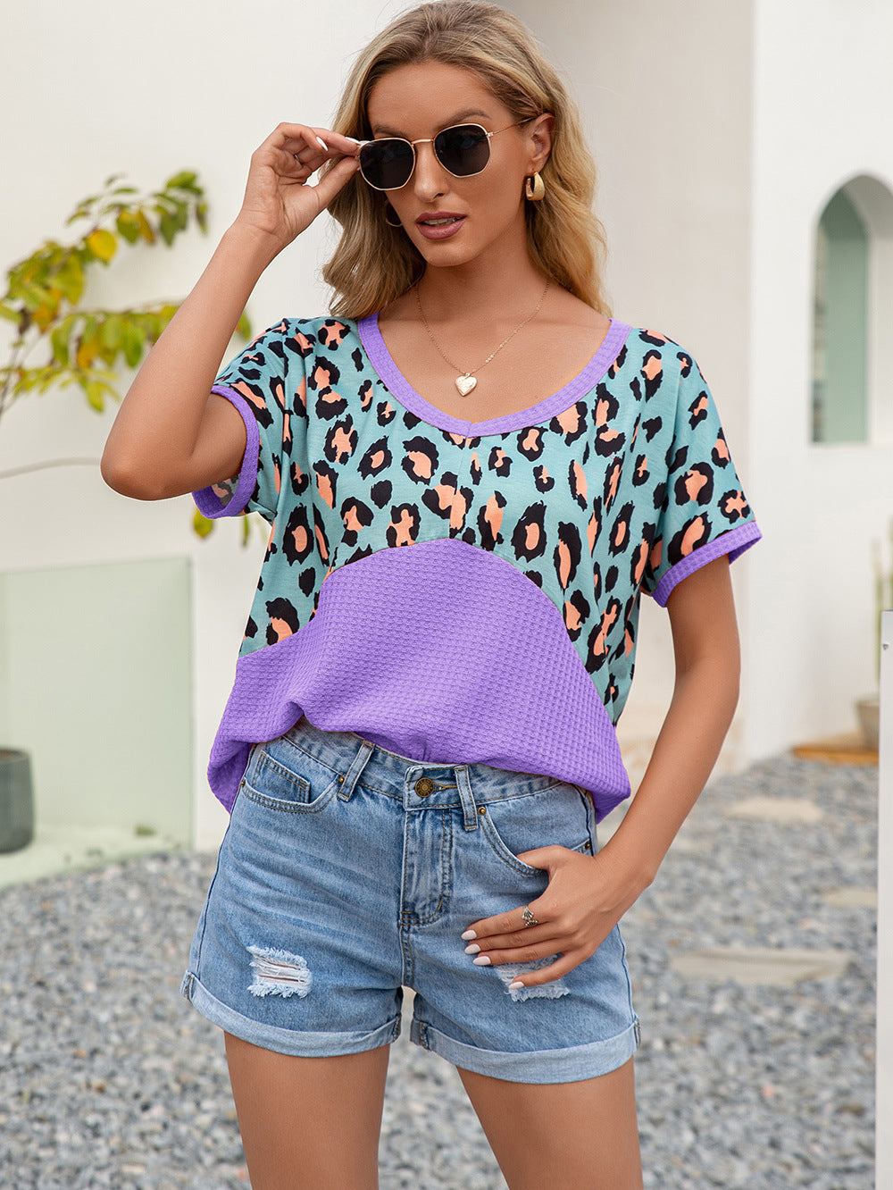 Ivy Lane Leopard Waffle-Knit Short Sleeve Top - Lilixa.store
