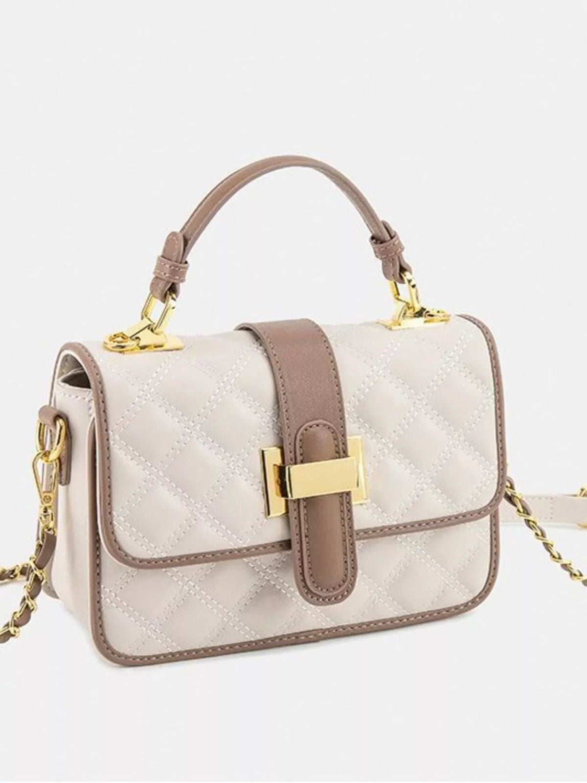 Quilted Contrast Crossbody Bag with Gold-Tone Hardware and Chain Strap in Off-white, view 7