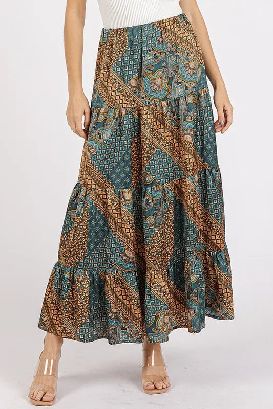 Mittoshop Paisley Patchwork Print Satin Maxi Skirt in Teal Green