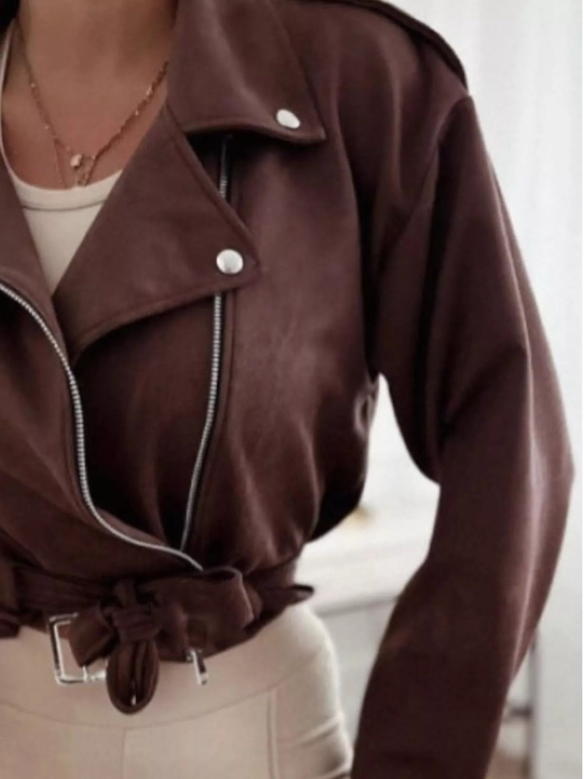 Cropped Biker Jacket with Belt Detail, view 9