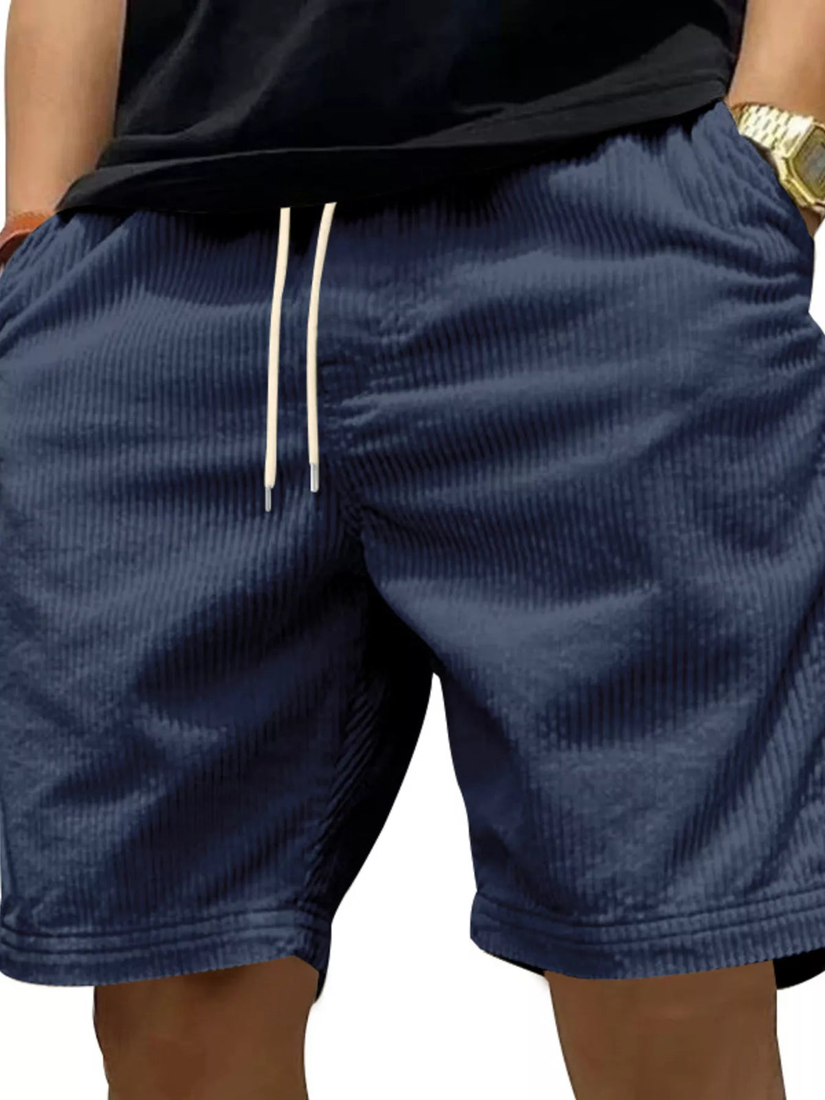 Men's Full Size Casual Corduroy Drawstring Shorts Plus Size in Navy Blue