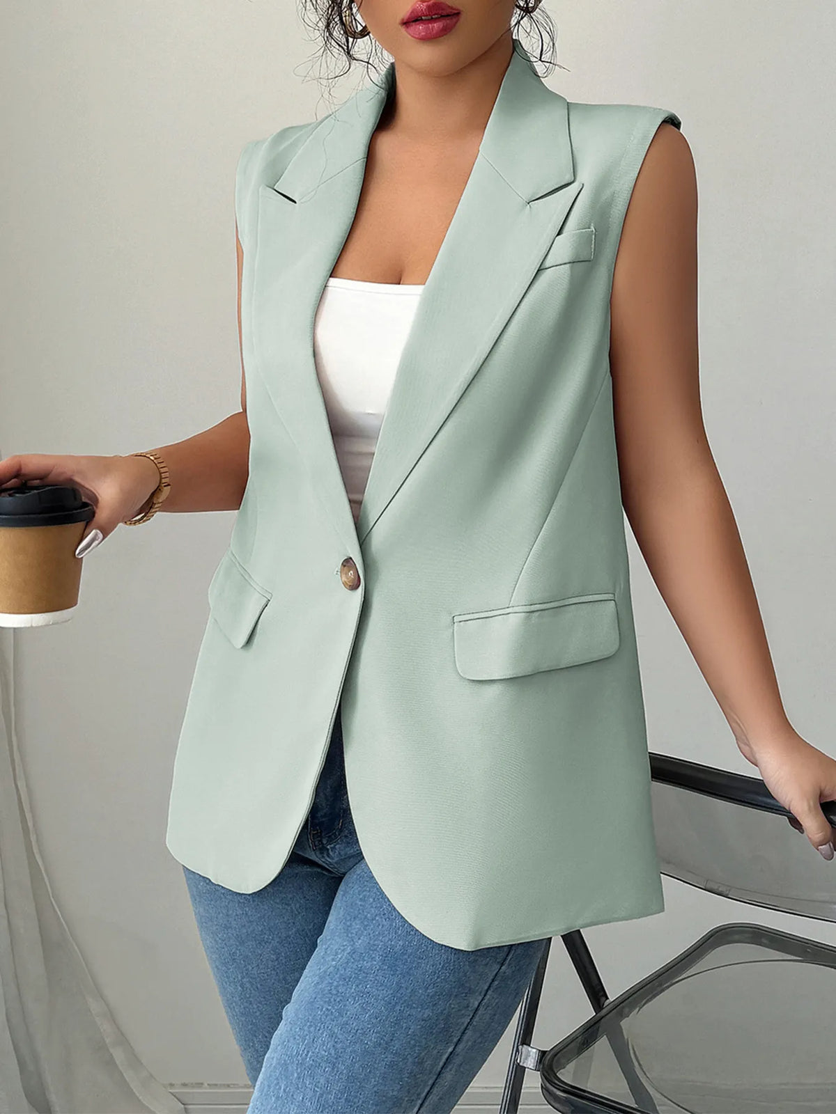 One Button V-Neck Blazer Vest Coat, view 4