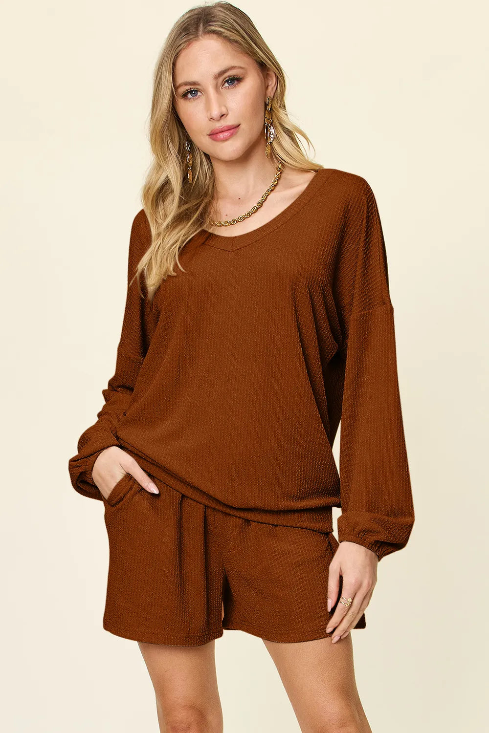 Double Take Full Size Texture V-Neck Long Sleeve T-Shirt and Shorts Set in Caramel