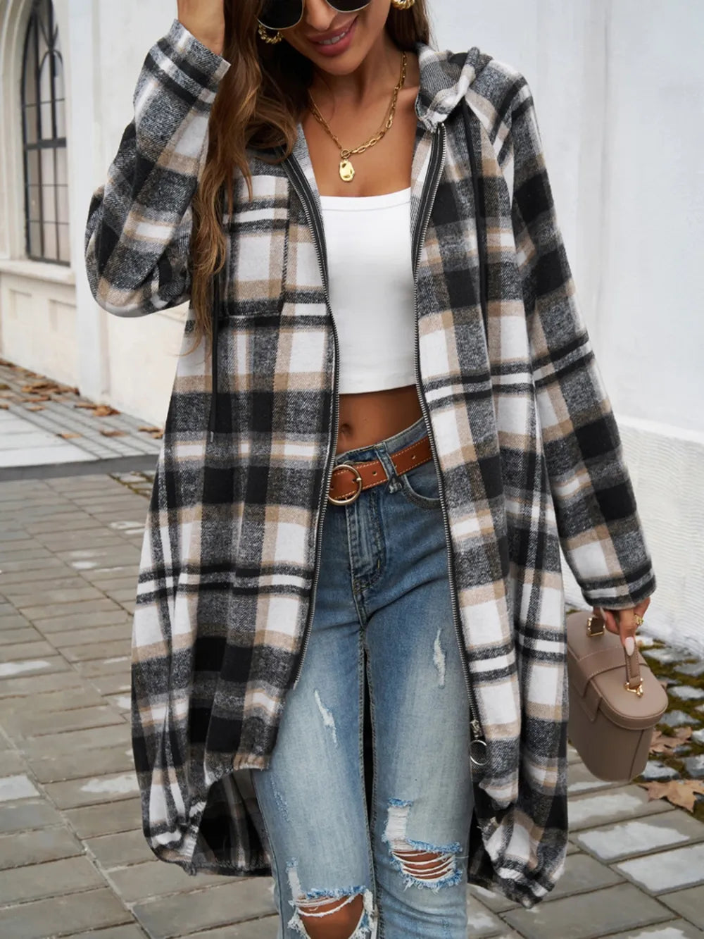 Devine Plaid Zip Up Hooded Coat - Lilixa.store