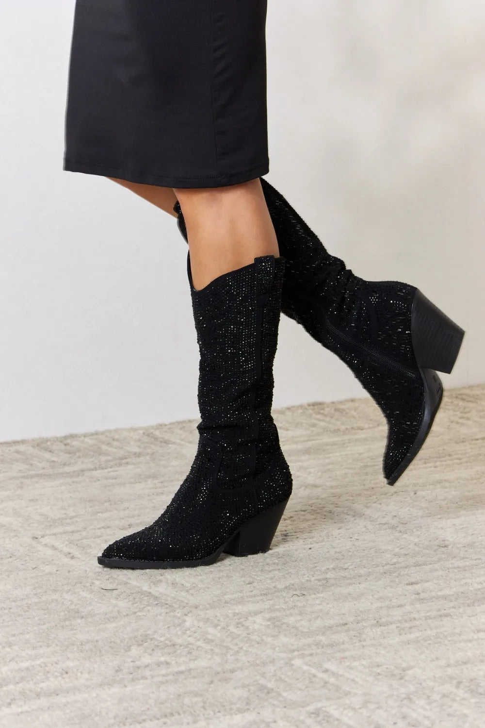 Forever Link Rhinestone Knee High Cowboy Boots in Black, view 4