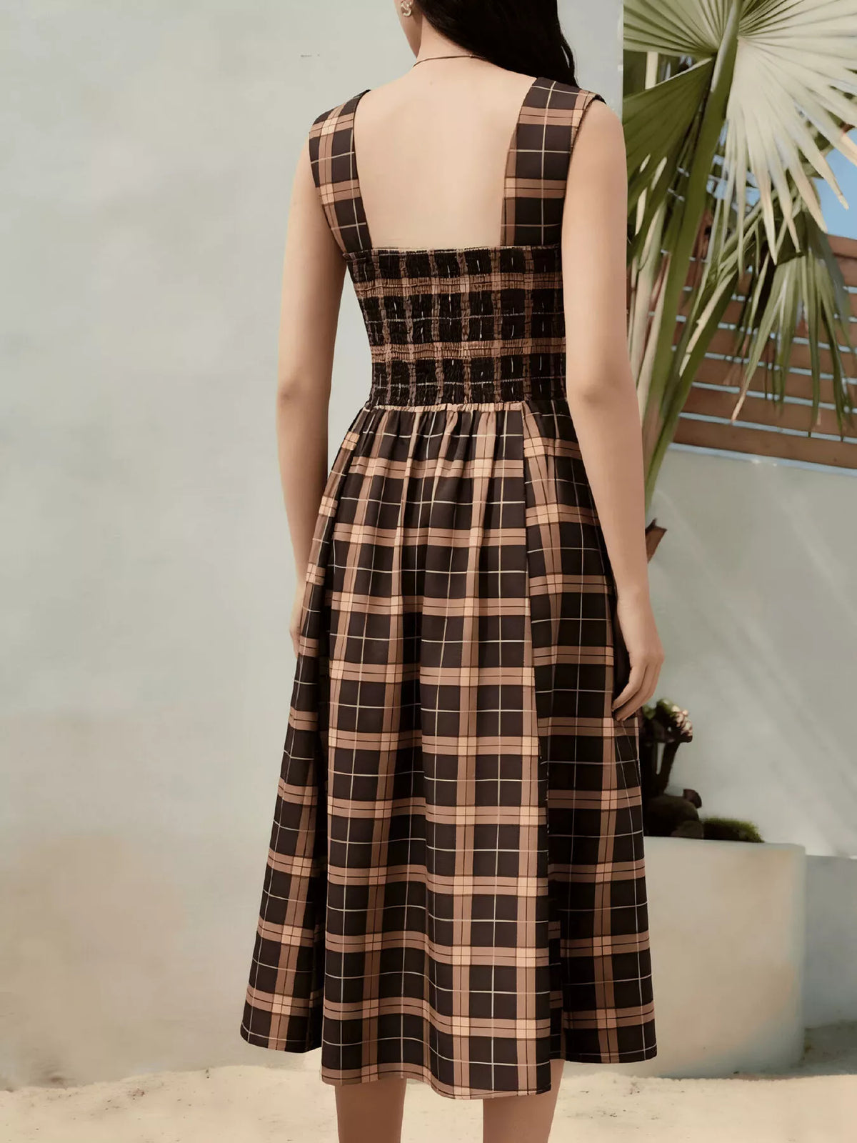 Square Neck Plaid Midi Dress - Lilixa.store
