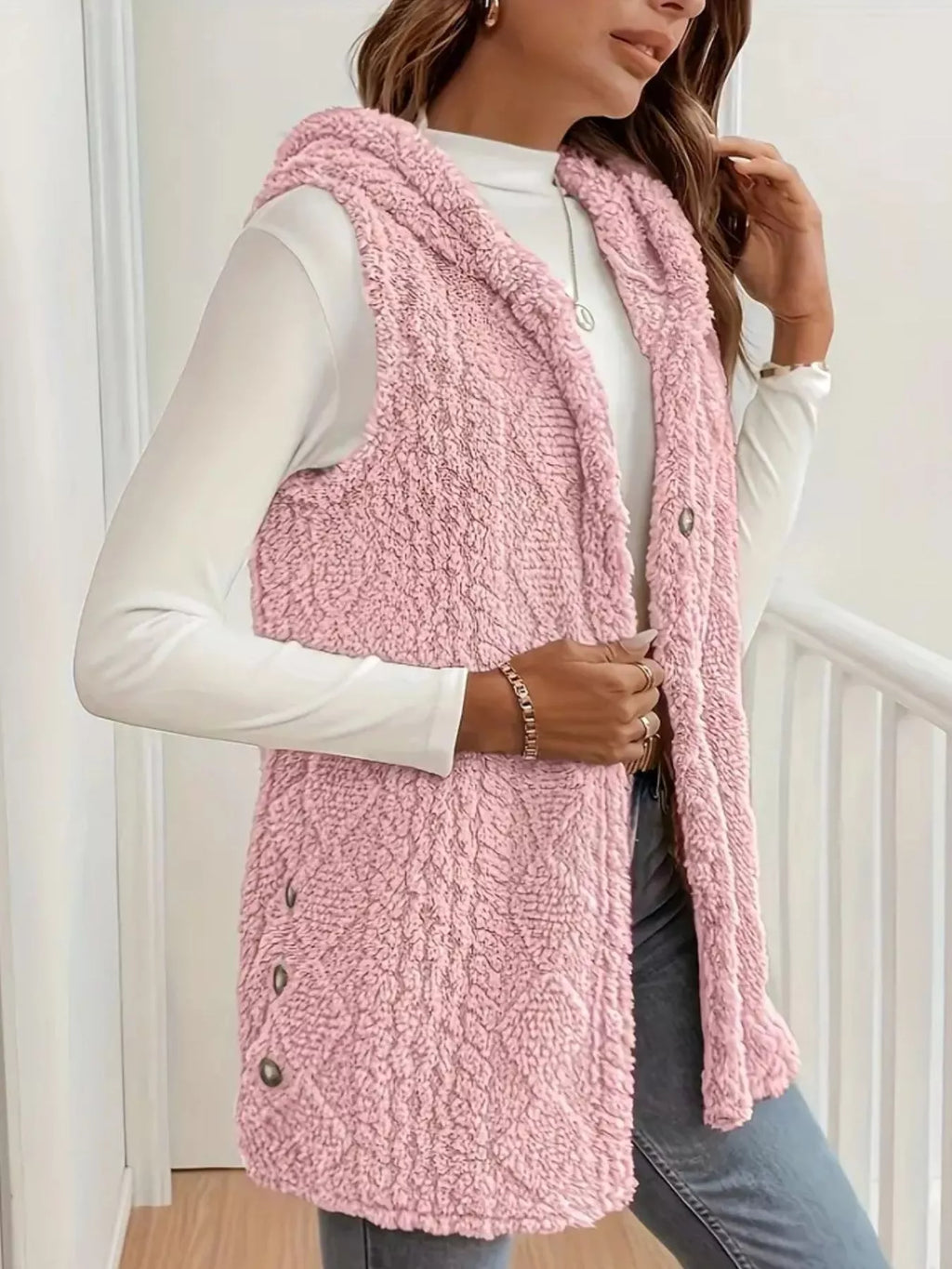 Hooded Button-Up Sherpa Vest Coat - Lilixa.store