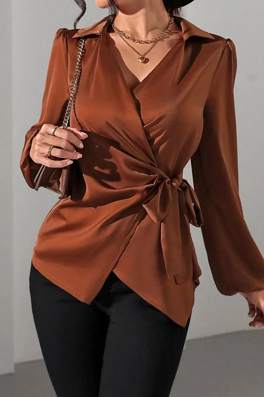 Satin Tied Detail Long Sleeve Blouse, view 2
