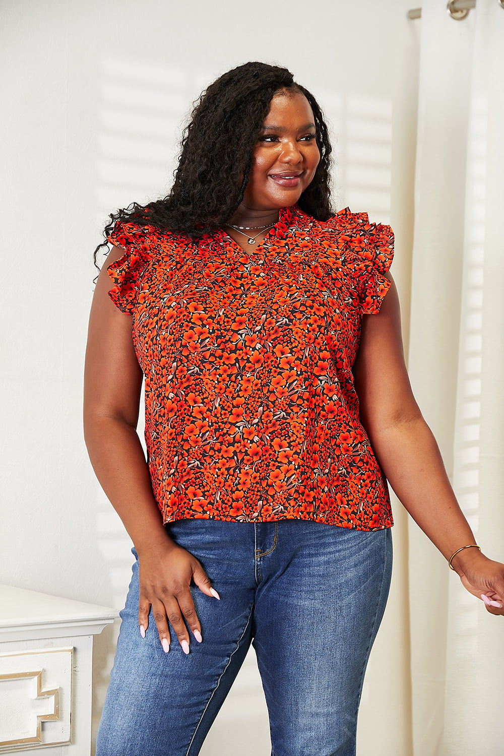 Double Take Floral Flutter Sleeve Notched Neck Blouse in Orange-Red, view 9