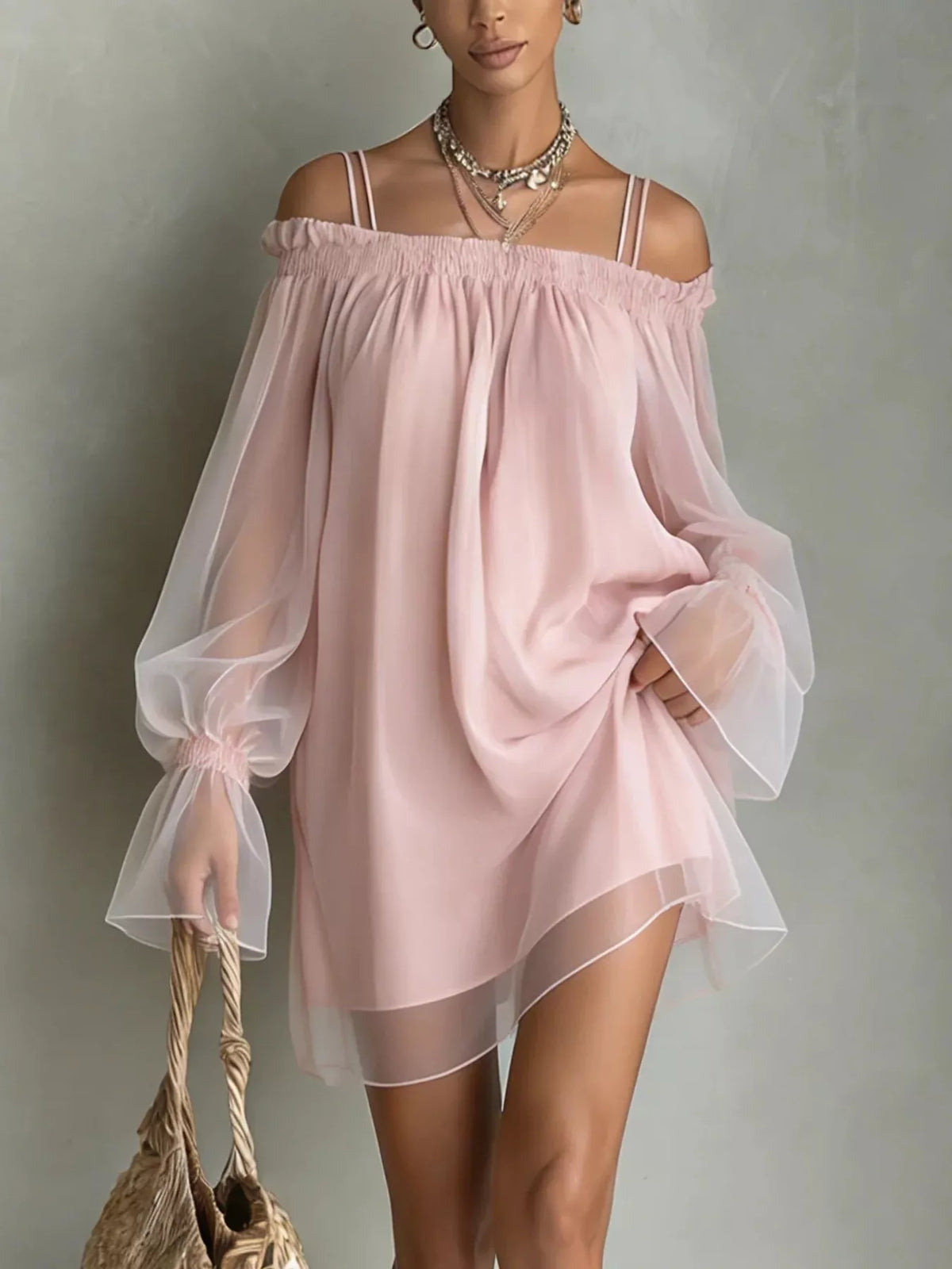 Off-Shoulder Sheer Sleeve Mini Dress - Lilixa.store