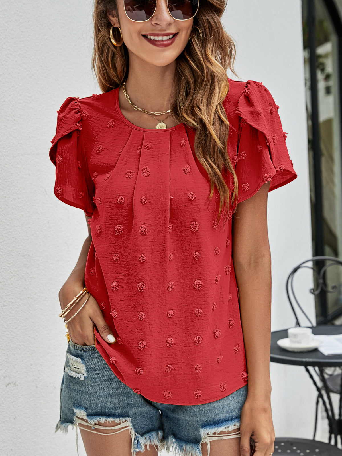 Swiss Dot Round Neck Petal Sleeve Top in Red
