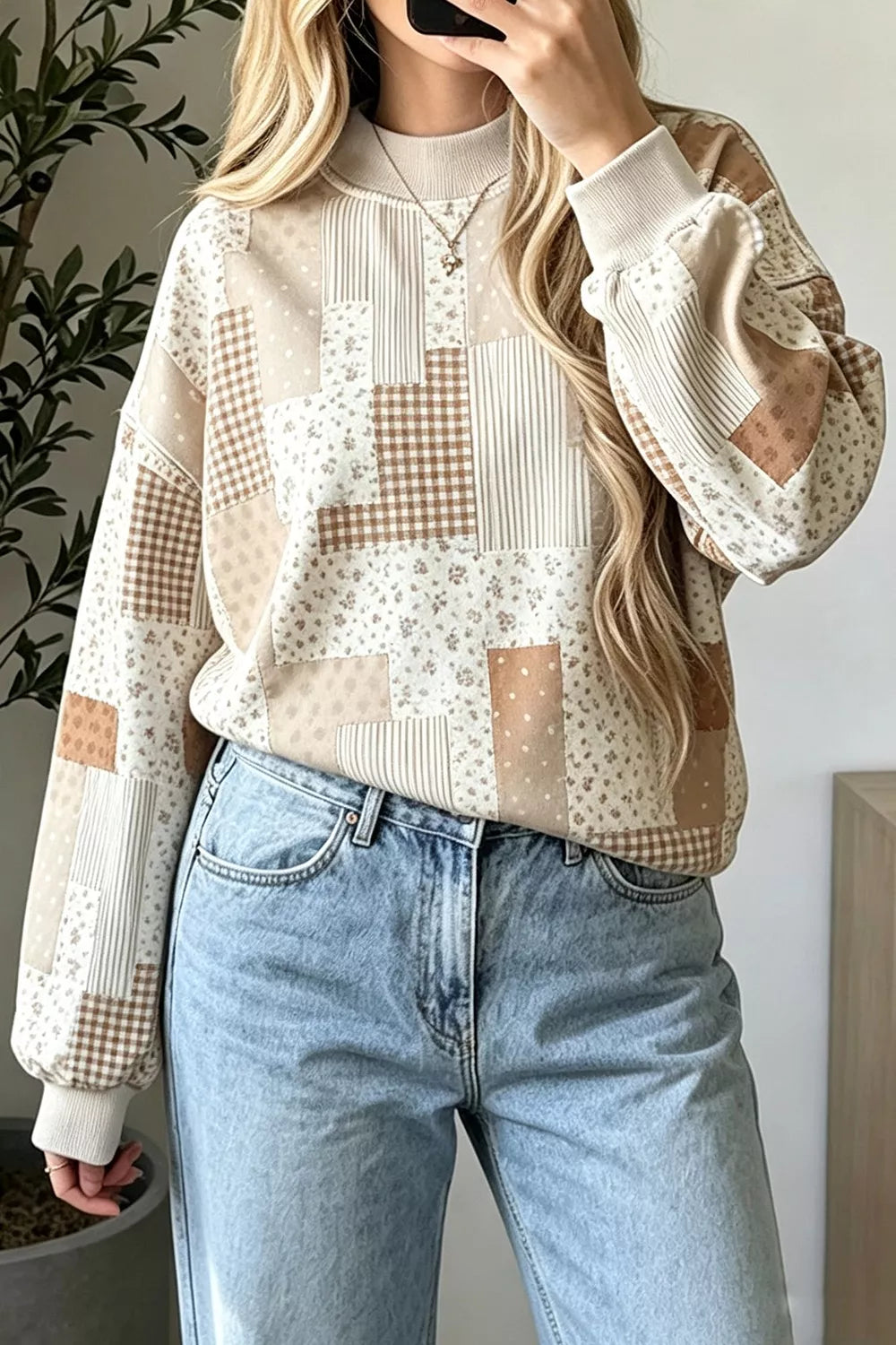 Vintage Patchwork Print Dropped Shoulder Sweatshirt - Lilixa.store
