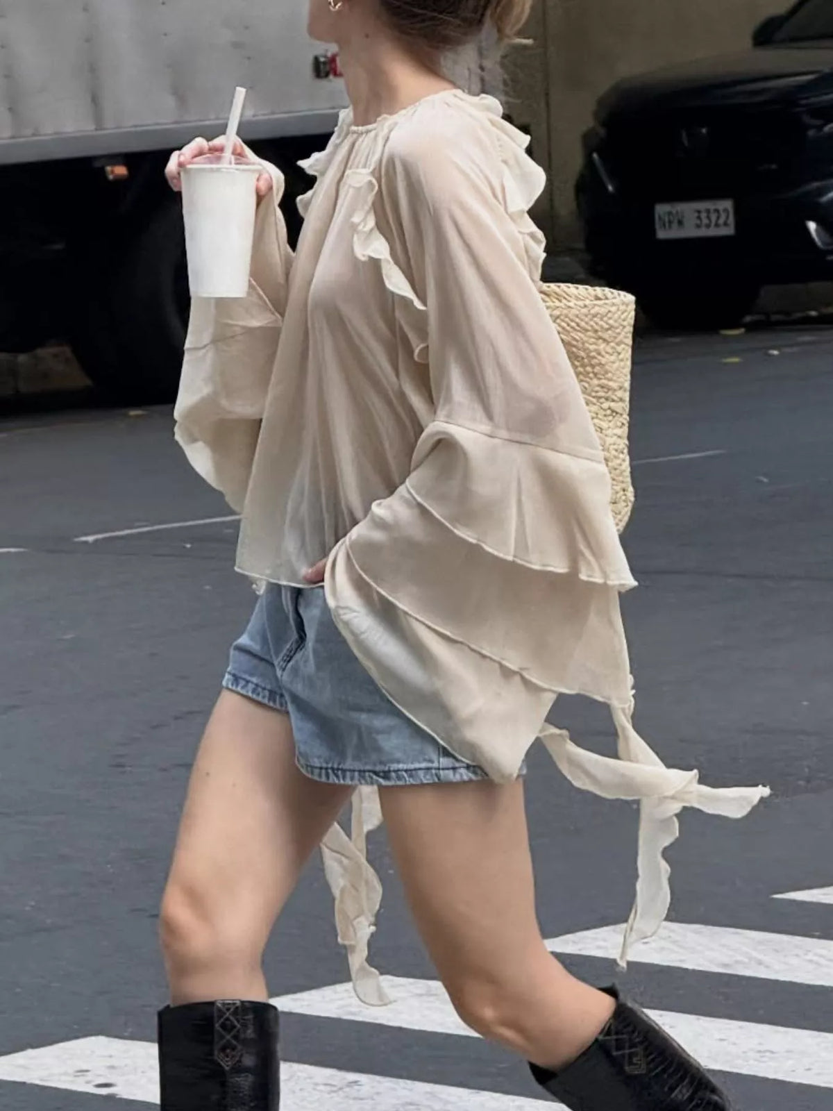 Ruffled Flare Sleeve Blouse in Eggshell, view 7