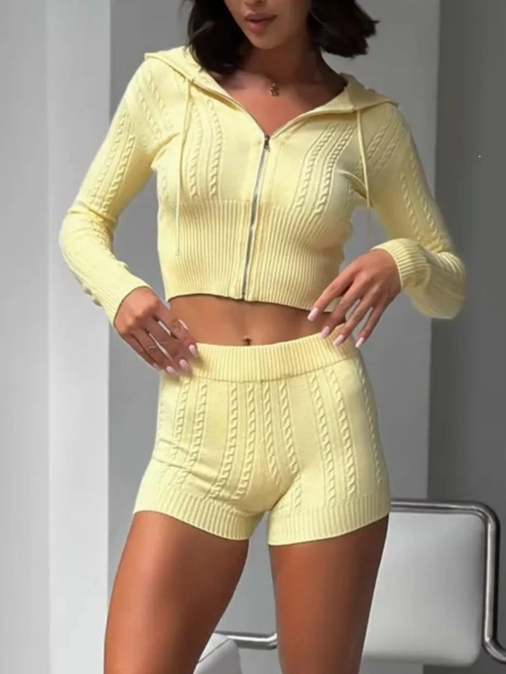 Cable Knit Zip-Up Hooded Top and Shorts Lounge Set - Lilixa.store