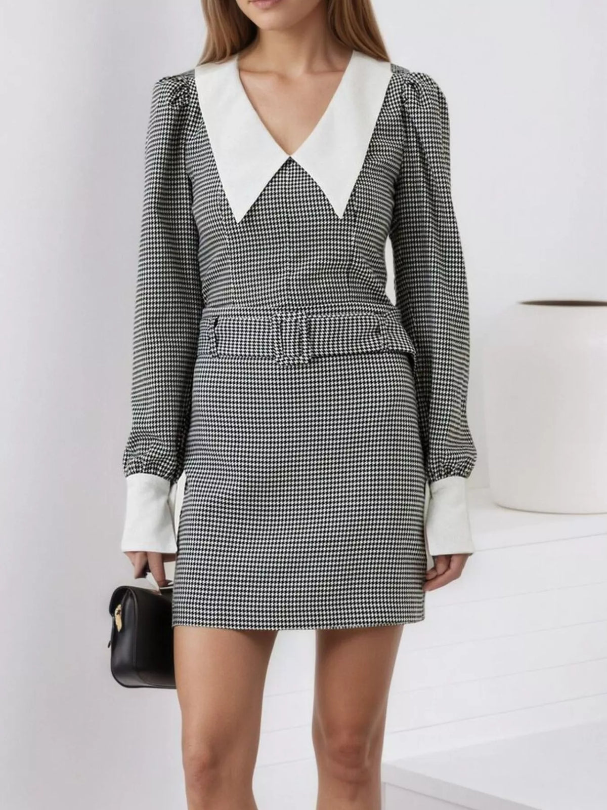 Contrast Collar Houndstooth Mini Dress